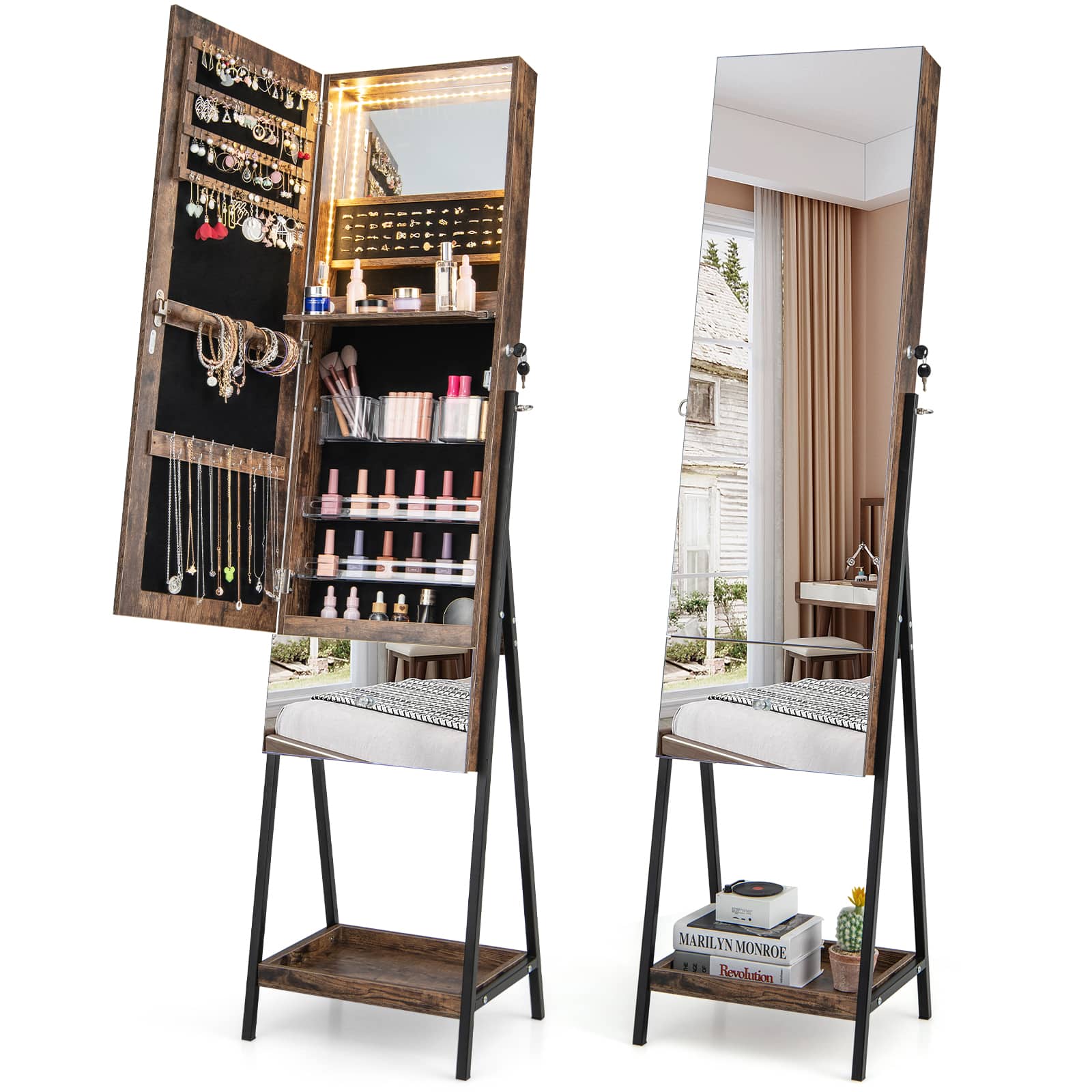 Ecooso - Lockable Freestanding Jewelry Organizer with Full-Length Frameless Mirror and Storage