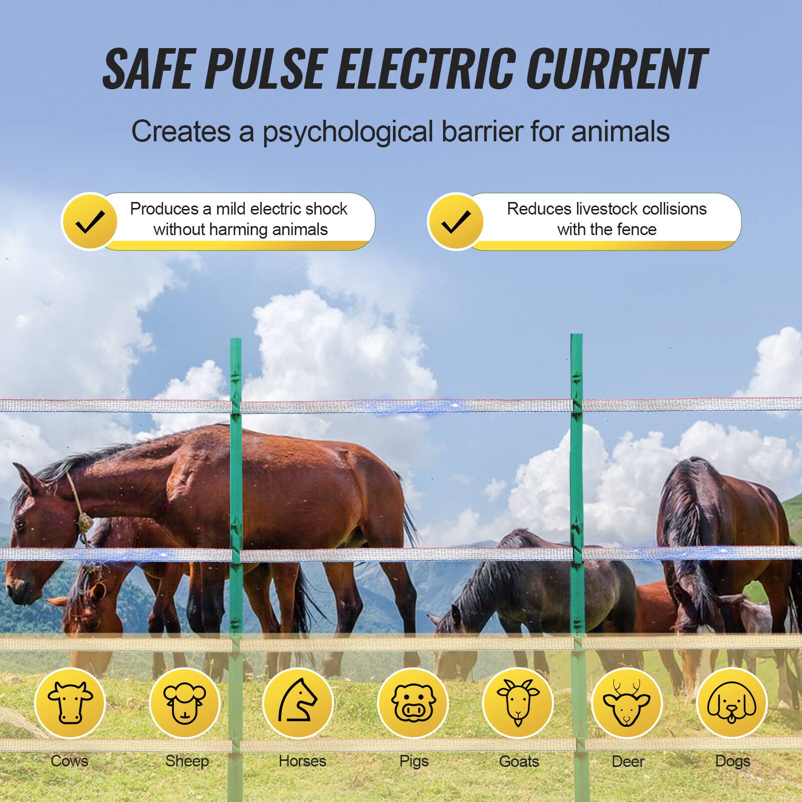 SAFE PULSE ELECTRIC CURRENT  
Creates a psychological barrier for animals  

- Produces a mild electric shock without harming animals  
- Reduces livestock collisions with the fence  

Cows  
Sheep  
Horses  
Pigs  
Goats  
Deer  
Dogs