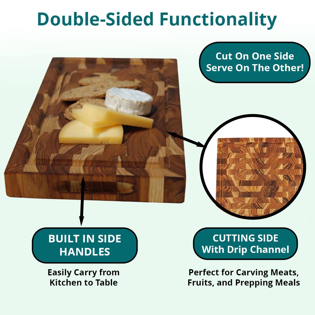 Double-Sided Functionality

- Cut On One Side Serve On The Other!
- BUILT IN SIDE HANDLES
  - Easily Carry from Kitchen to Table
- CUTTING SIDE With Drip Channel
  - Perfect for Carving Meats, Fruits, and Prepping Meals