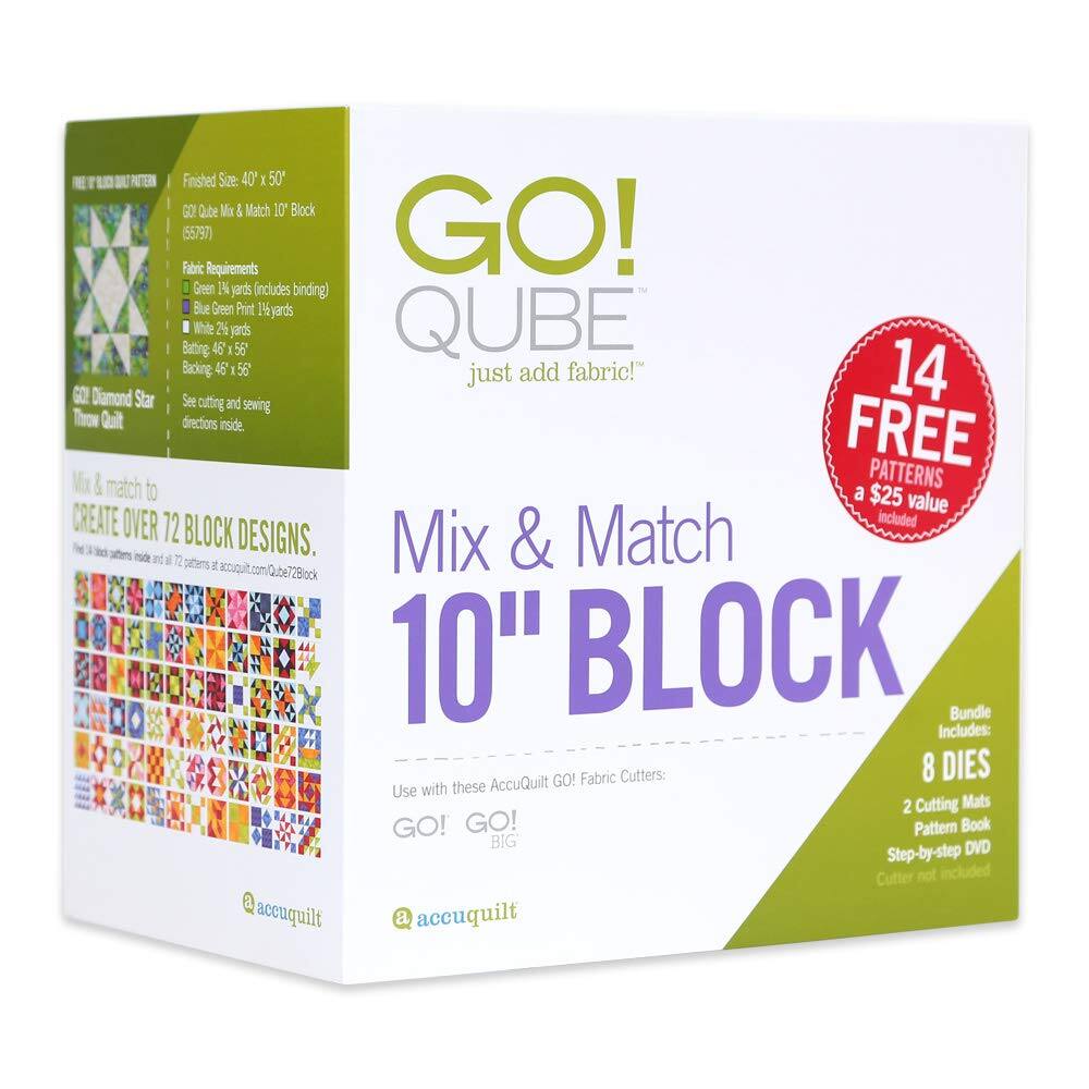 Finished Size: 40" x 50"
GO! Cube Mix & Match 10" Block (55797)
Fabric Requirements:
- Green 1/4 yard (includes binding)
- Blue Green Print 1 1/2 yards
- White 2 1/2 yards
- Batting 46" x 56"
- Backing 46" x 56"

Just add fabric!

14 FREE PATTERNS a $25 value
CREATE OVER 72 BLOCK DESIGNS
Mix & Match

GO! Diamond Star
See cutting and sewing directions inside

Bundle Includes:
- 8 DIES
- 2 Cutting Mats
- Pattern Book
- Step-by-step DVD

Use with these AccuQuilt Fabric Cutters:
GO! GO! BIG

accuquilt
accuquilt