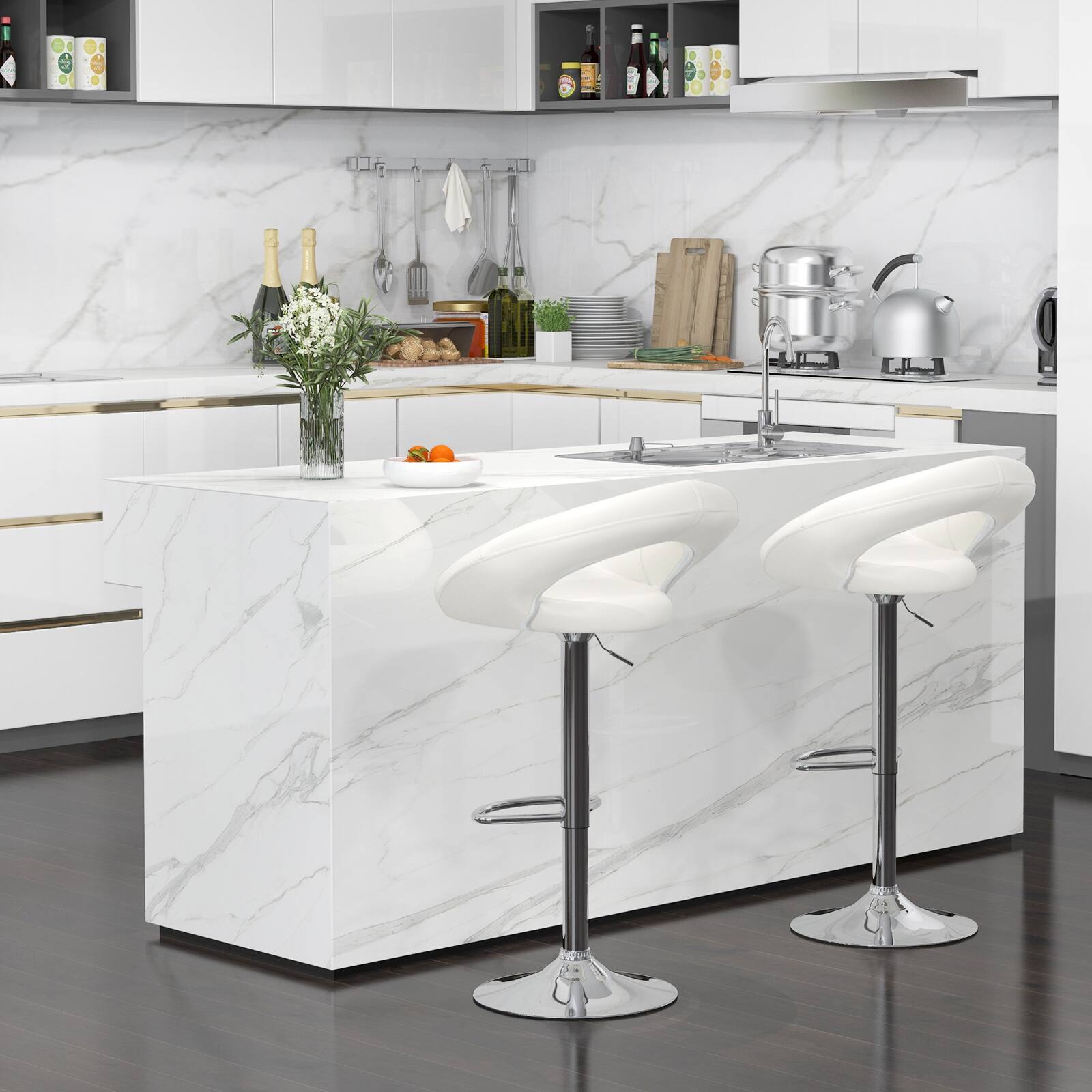 Alt View 7. Ecooso - Height Adjustable Bar Stools Set of 2 with Hollow Back and Footrest - White.