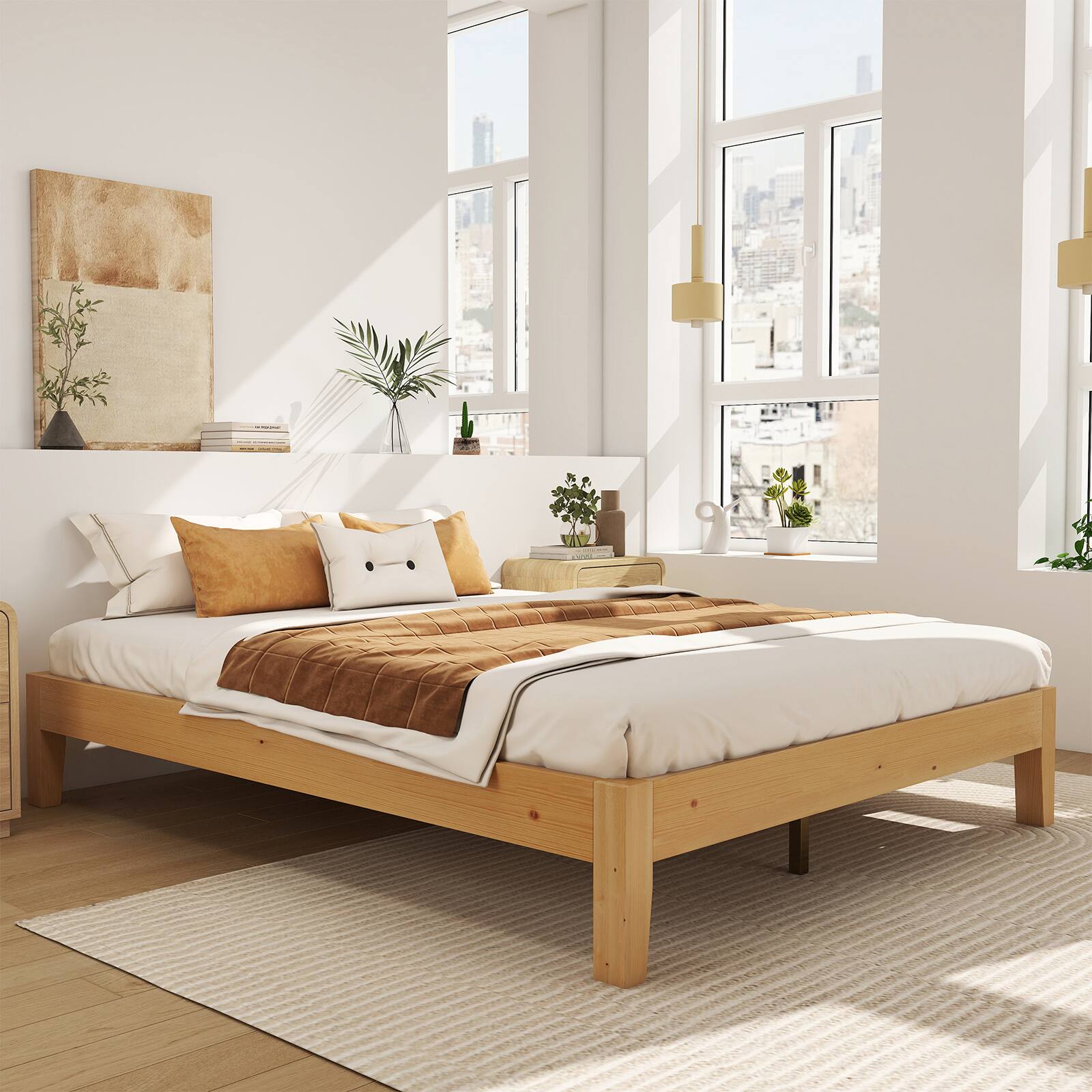 Back. Bestier - Solid Wood Farmhouse Platform Bed Frame, No Box Spring Needed, 6.5" Under Bed Storage & Quiet Design - Pine Natural.