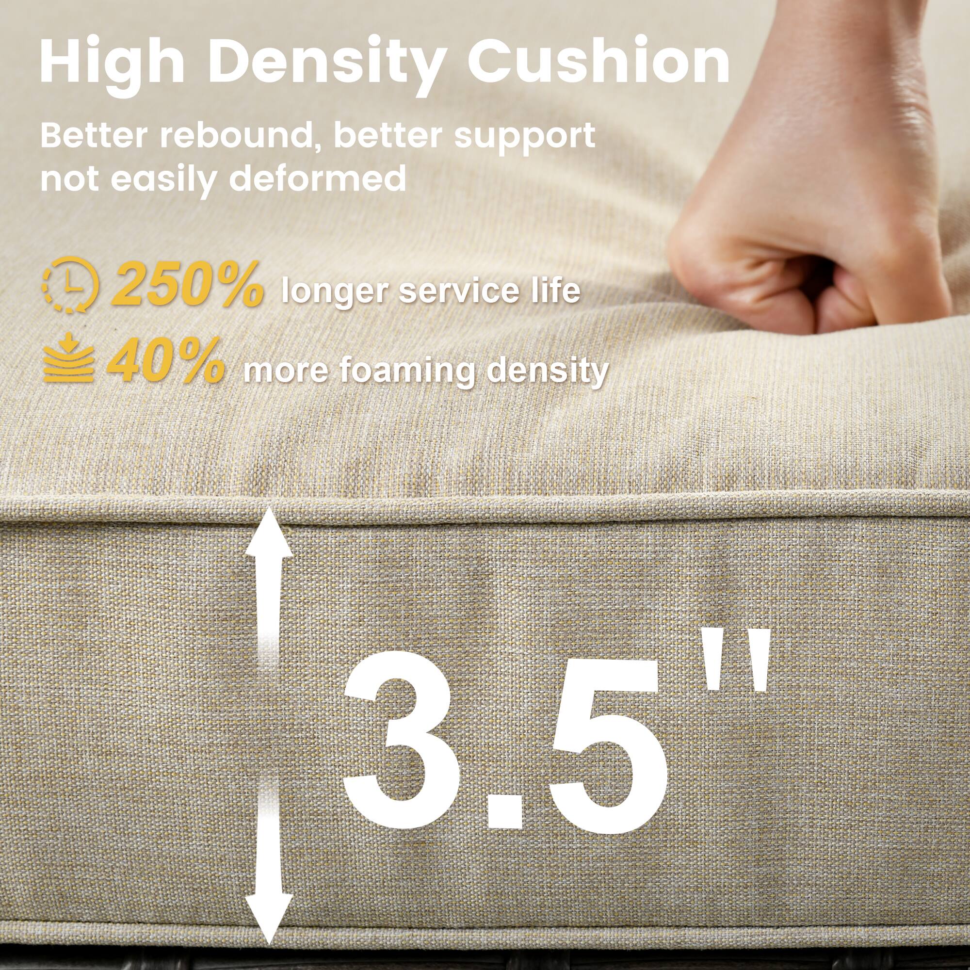 High Density Cushion  
Better rebound, better support not easily deformed  
250% longer service life  
40% more foaming density  
3.5"