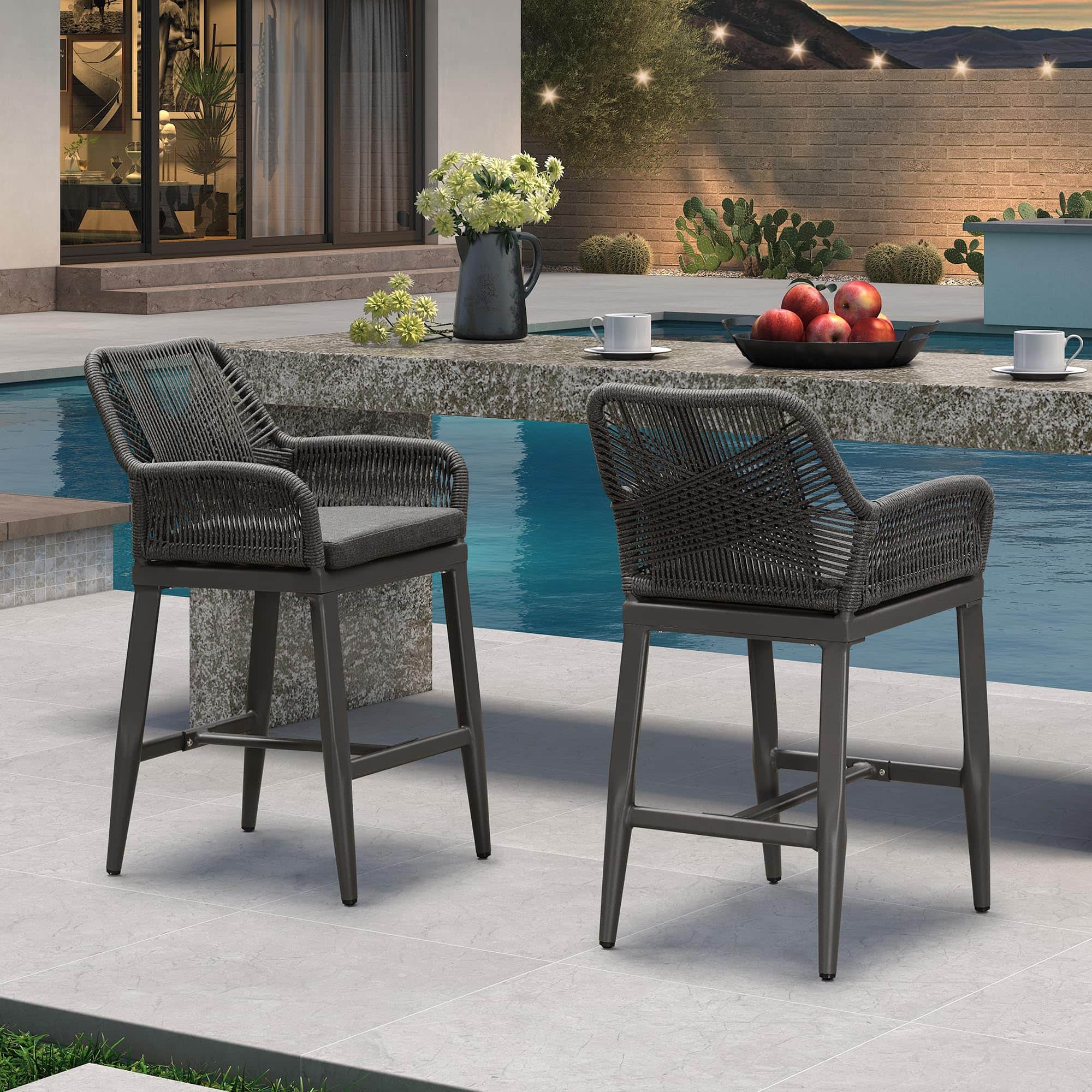 Front. PURPLE LEAF - Outdoor Counter/Bar Height StoolsRattan Wicker Bar Chairs Woven Aluminum Barstools with Back and Cushions Set of 2 - Grey-Counter Stool.