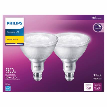 PHILIPS Dimmable LED Bright white 90w replacement* 10w LED
PHILIPS 2 Pack PAR38 bulb Medium base
Lasts 22.8 Years**
Brightness: 900 lumens
Estimated Energy Cost: $1.21 per year