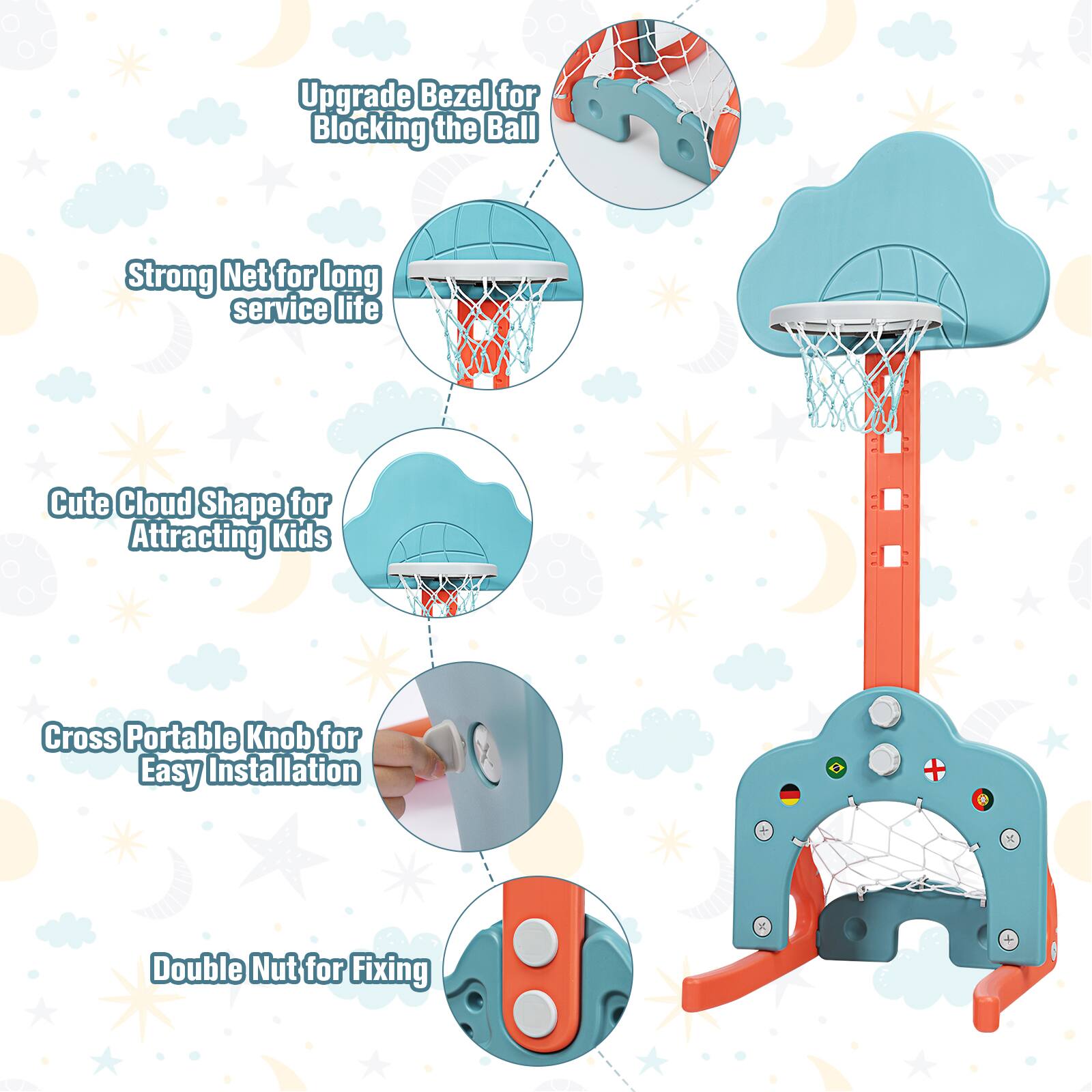Upgrade Bezel for Blocking the Ball
Strong Net for long service life
Cute Cloud Shape for Attracting Kids
Cross Portable Knob for Easy Installation
Double Nut for Fixing