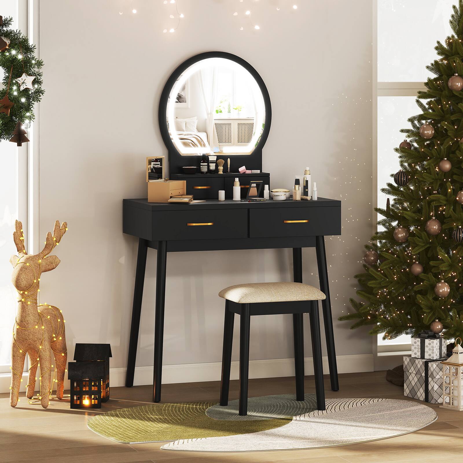 Alt View 1. Gymax - Gymax Small Vanity Desk w/Mirror & Lights Cushioned Stool 3 Adjustable Lighting Colors Black - Black.