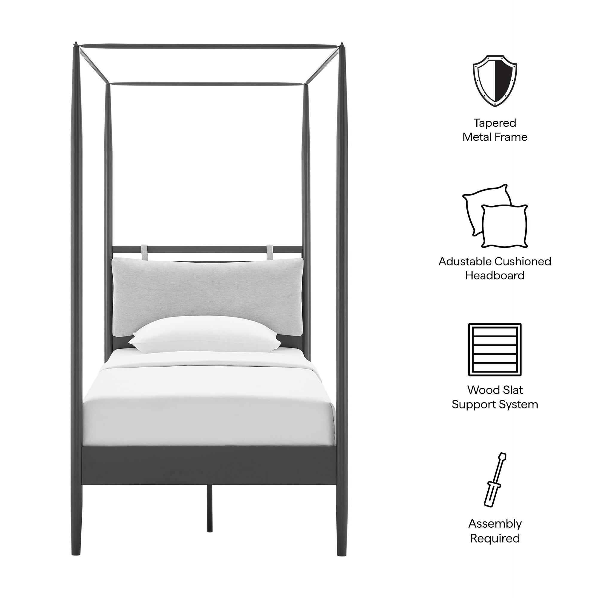 - Tapered Metal Frame
- Adjustable Cushioned Headboard
- Wood Slat Support System
- Assembly Required