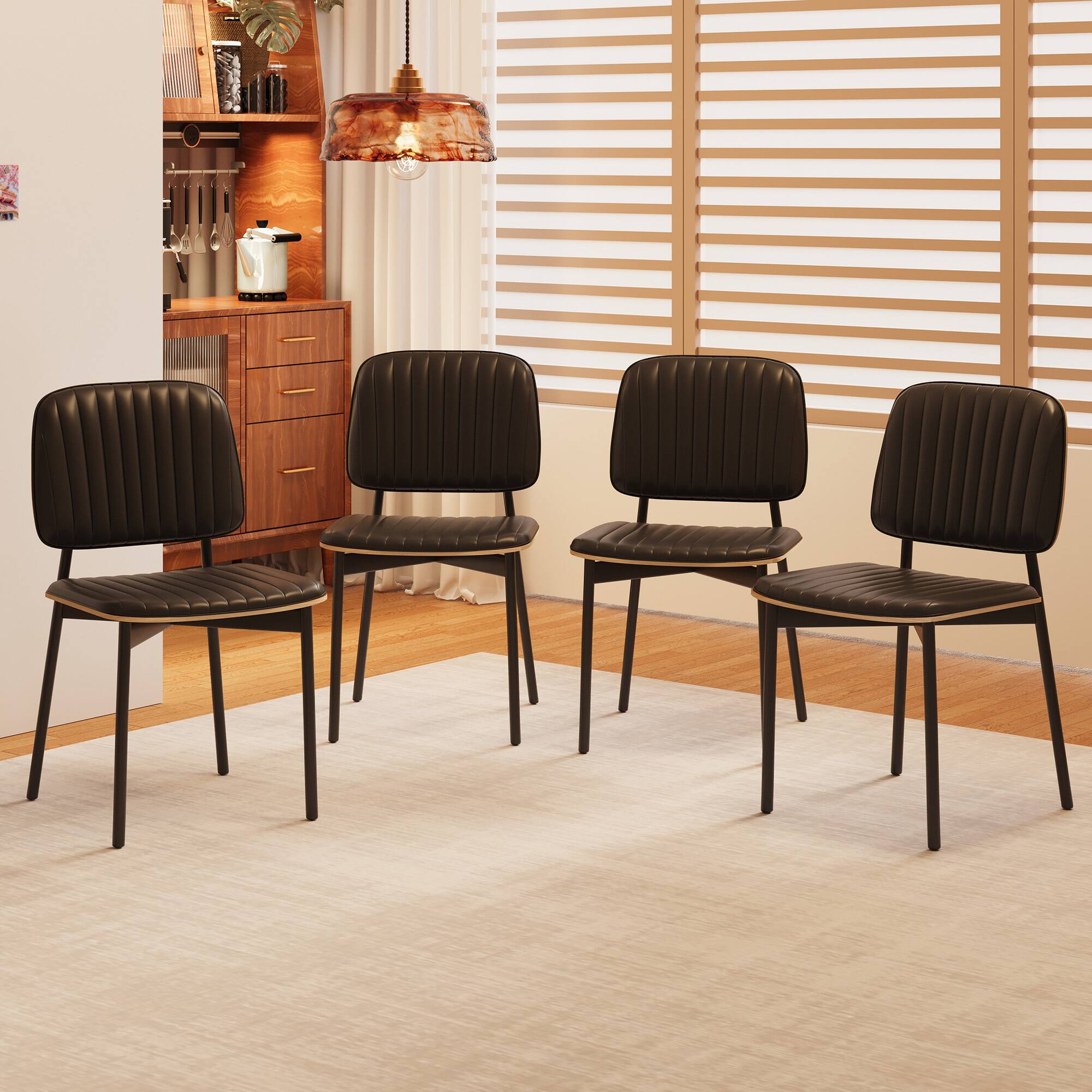 Front. luck idea - Mid-century Modern Dining Chair, Upholstered Leather Seat Back, Stylish Side Chair For Kitchen Dining Room Living Room - Black.