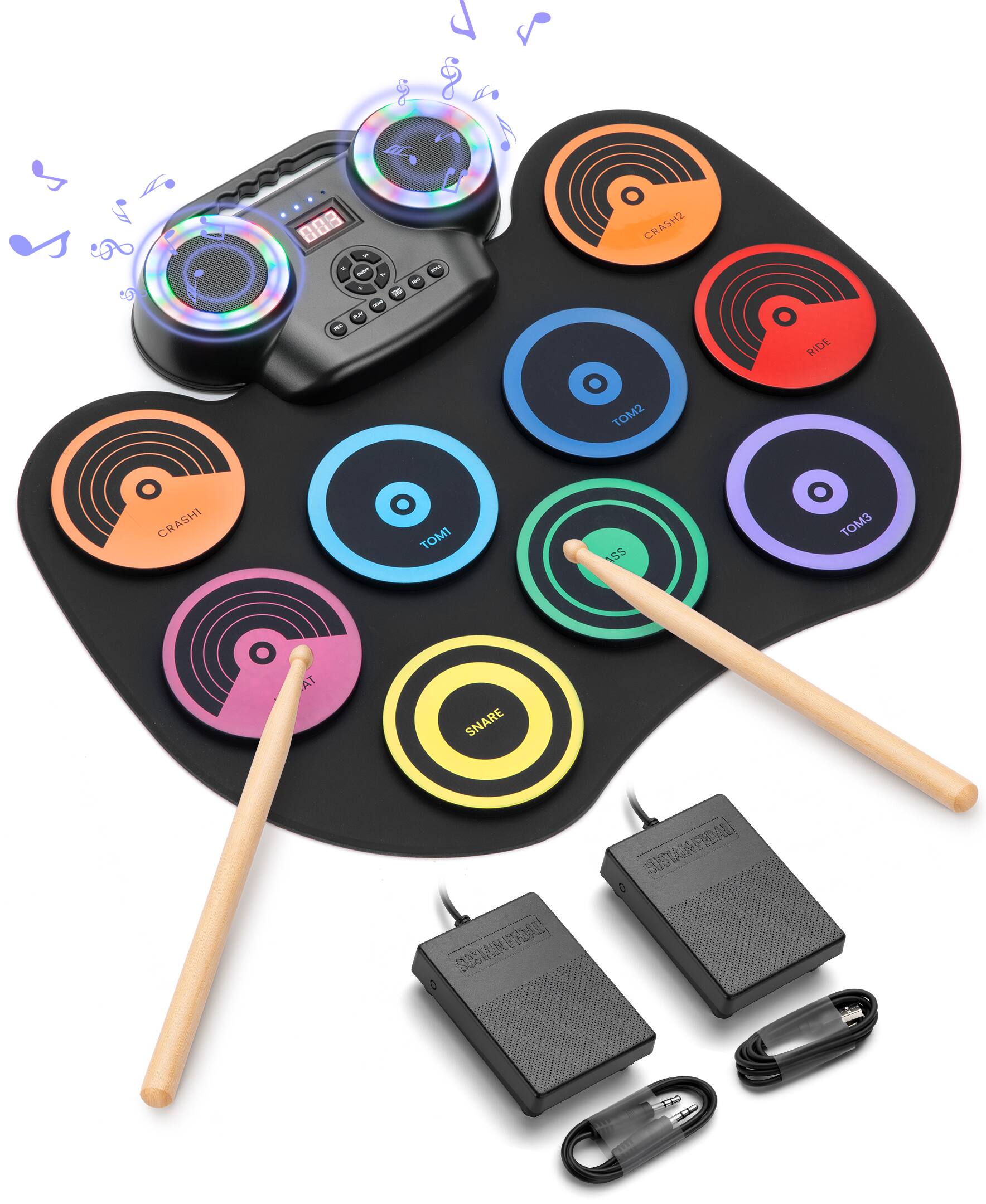 Sugift - Colorful Roll-Up Electronic Drum Set with Flashing Lights, Dual Speakers & Headphone Jack for Kids - Black