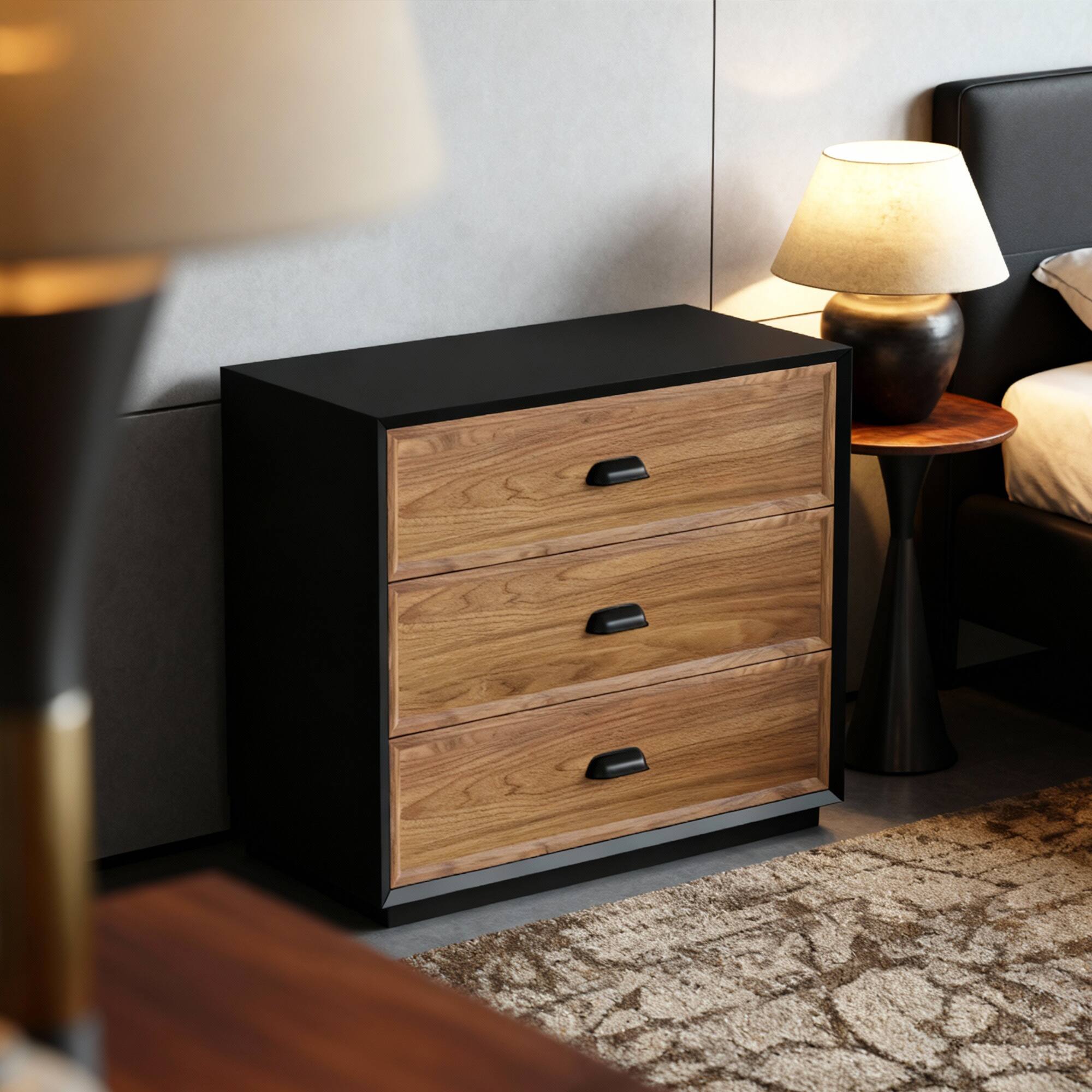 Angle. luck idea - Mid-Century Modern 31.49" Solid Wood Nightstand with 3 Drawers, Bedside Table - Walnut Color.