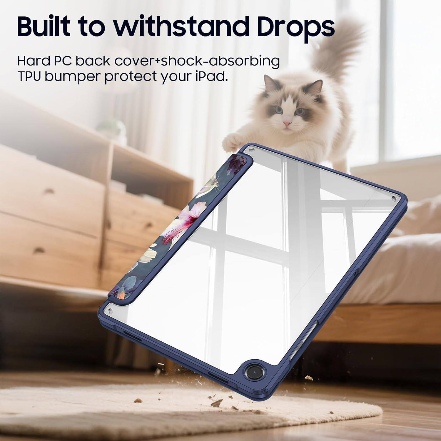Built to withstand Drops  
Hard PC back cover+shock-absorbing TPU bumper protect your iPad.