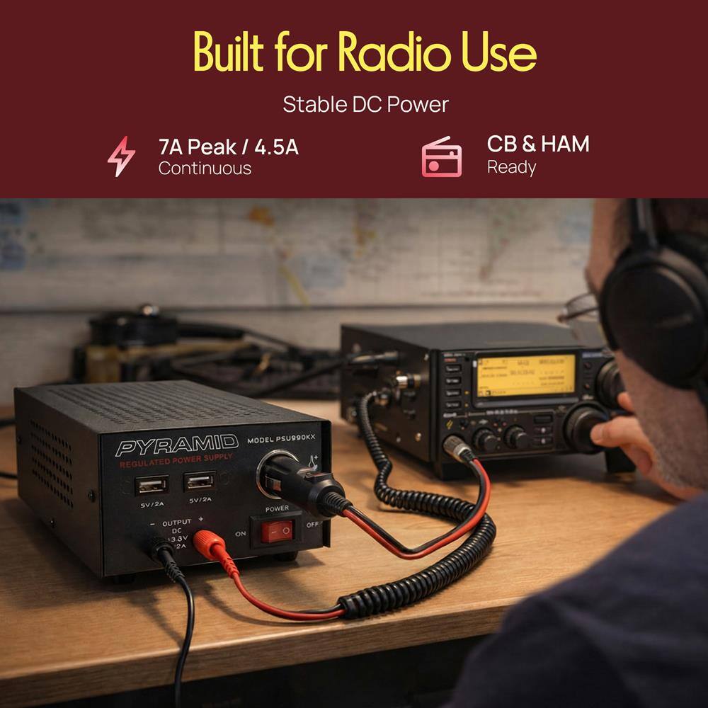Built for Radio Use  
Stable DC Power  
7A Peak / 4.5A Continuous  
CB & HAM Ready  

MODEL PSU990KX  
PYRAMID SUPPLY REGULATED POWER  
SV/2A SV/2A OUTPUT DC V&C 2A ON POWER OFF