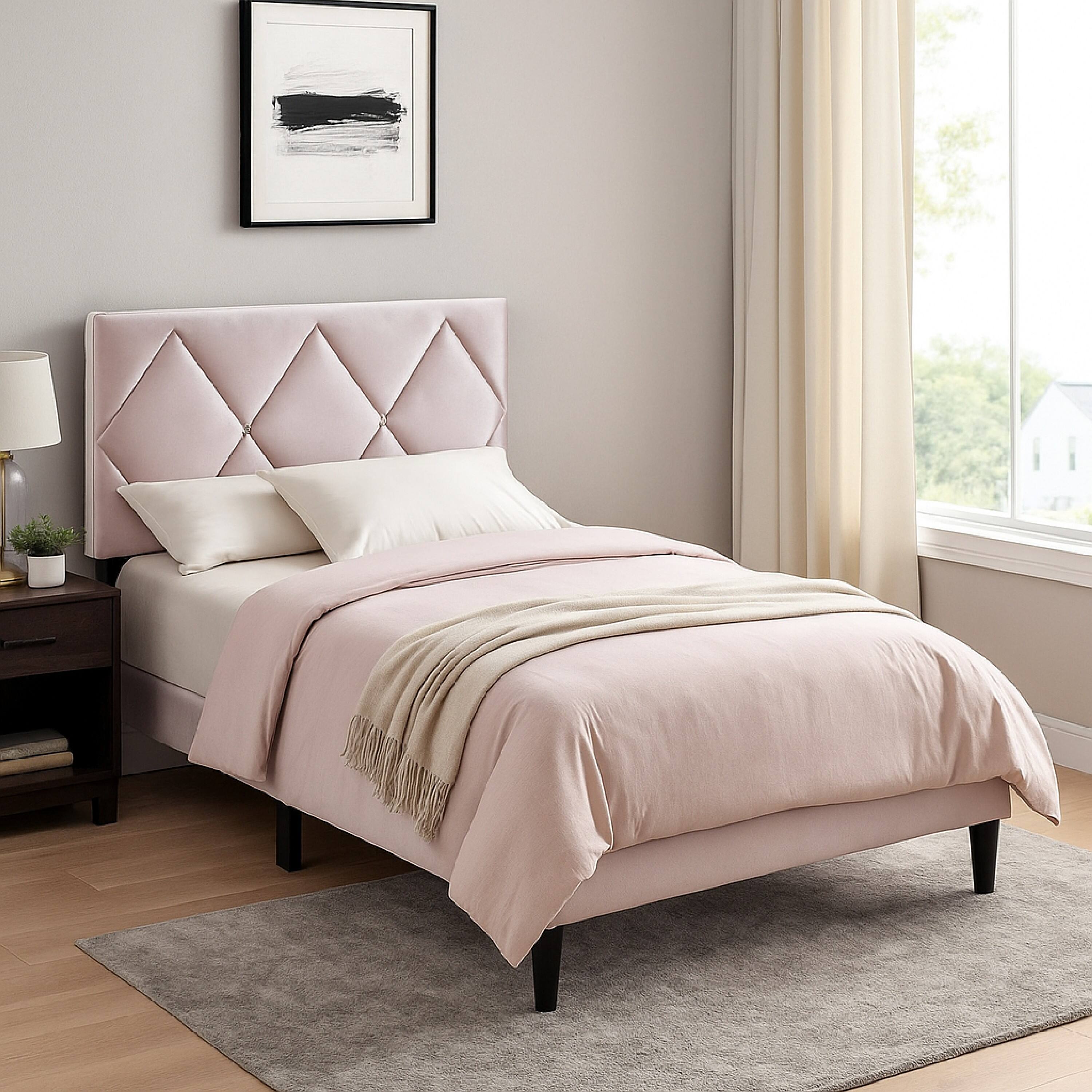 Alt View 5. Manhattan Lane - Lilian Full Bed, Tufted Light Pink Velvet Upholstery, Diamond Stitch - Pink, Black.