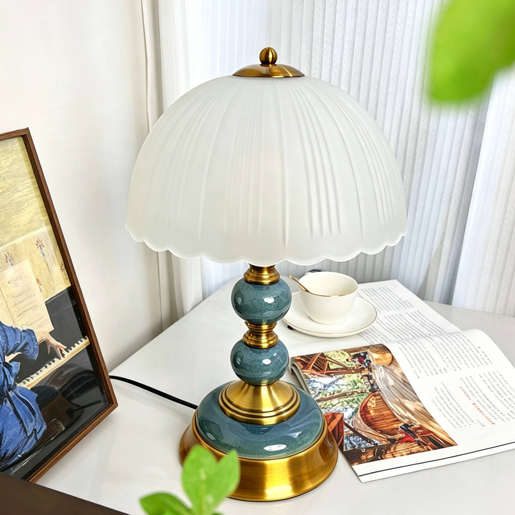 Alt View 3. partphoner - 13in Vintage Green Crackle Ceramic Table Lamp - Green.