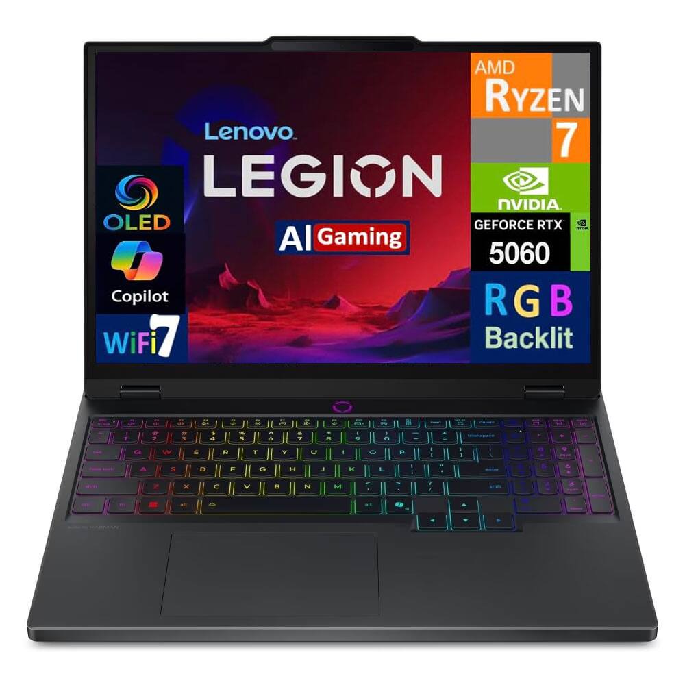 Lenovo LEGION  
AMD Ryzen 7  
NVIDIA GeForce RTX 5060  
OLED  
AI Gaming  
Copilot  
RGB Backlit  
WiFi 7