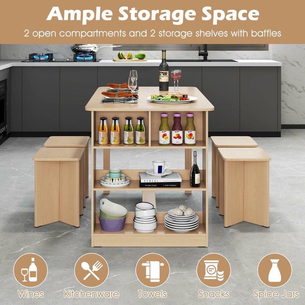 Ample Storage Space  
2 open compartments and 2 storage shelves with baffles  

- Wines  
- Kitchenware  
- Towels  
- Snacks  
- Spice Jars