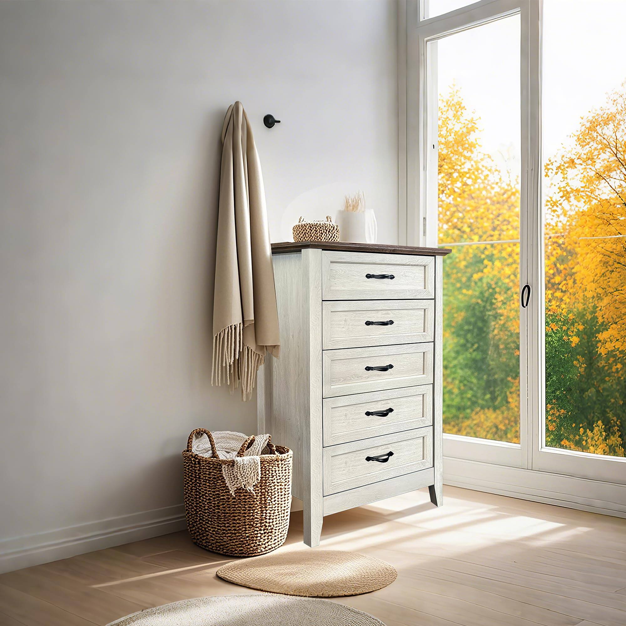 Alt View 2. Acekool - 5 Drawers Dresser for Bedroom, Wood Tall Chset of Drawers, Farmhouse Dresser Chests with Metal Handle for Bedroom - White.