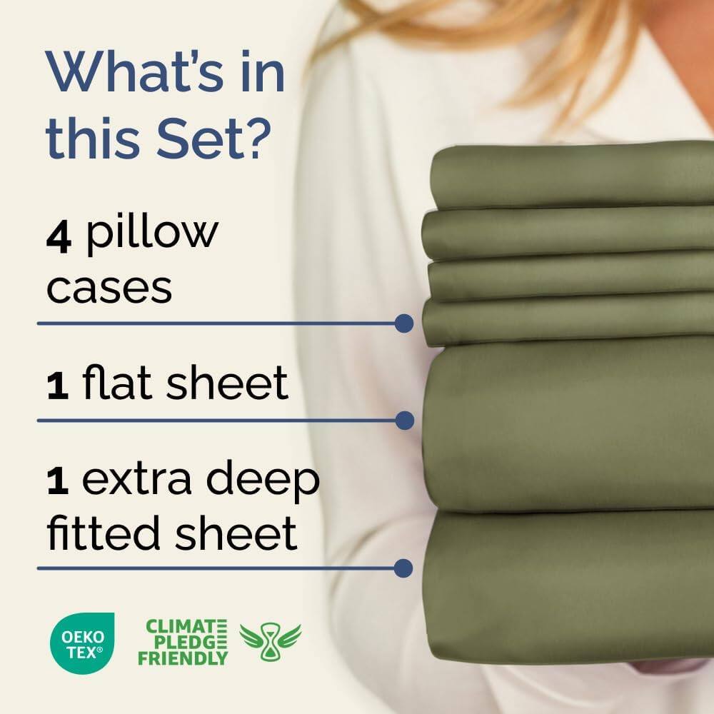 What's in this Set?

4 pillow cases

1 flat sheet

1 extra deep fitted sheet

CLIMATE PLEDGE FRIENDLY

OEKO TEX