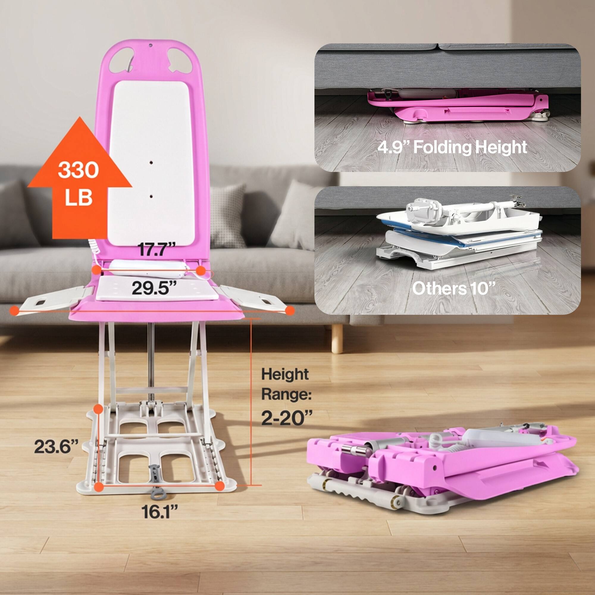 330 LB  
4.9" Folding Height  
17.7"  
29.5"  
Others 10"  
23.6"  
Height Range: 2-20"  
16.1"