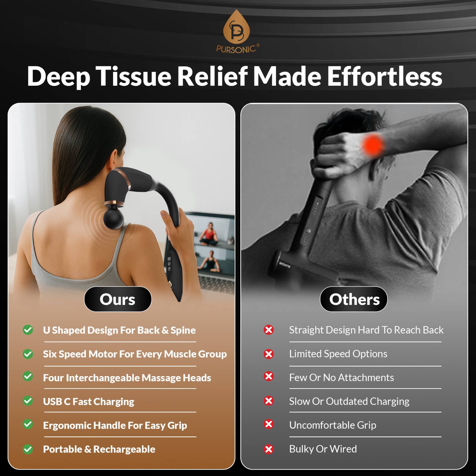 **Deep Tissue Relief Made Effortless**

**Ours**

- U Shaped Design For Back & Spine
- Six Speed Motor For Every Muscle Group
- Four Interchangeable Massage Heads
- USB C Fast Charging
- Ergonomic Handle For Easy Grip
- Portable & Rechargeable

**Others**

- Straight Design Hard To Reach Back
- Limited Speed Options
- Few Or No Attachments
- Slow Or Outdated Charging
- Uncomfortable Grip
- Bulky Or Wired