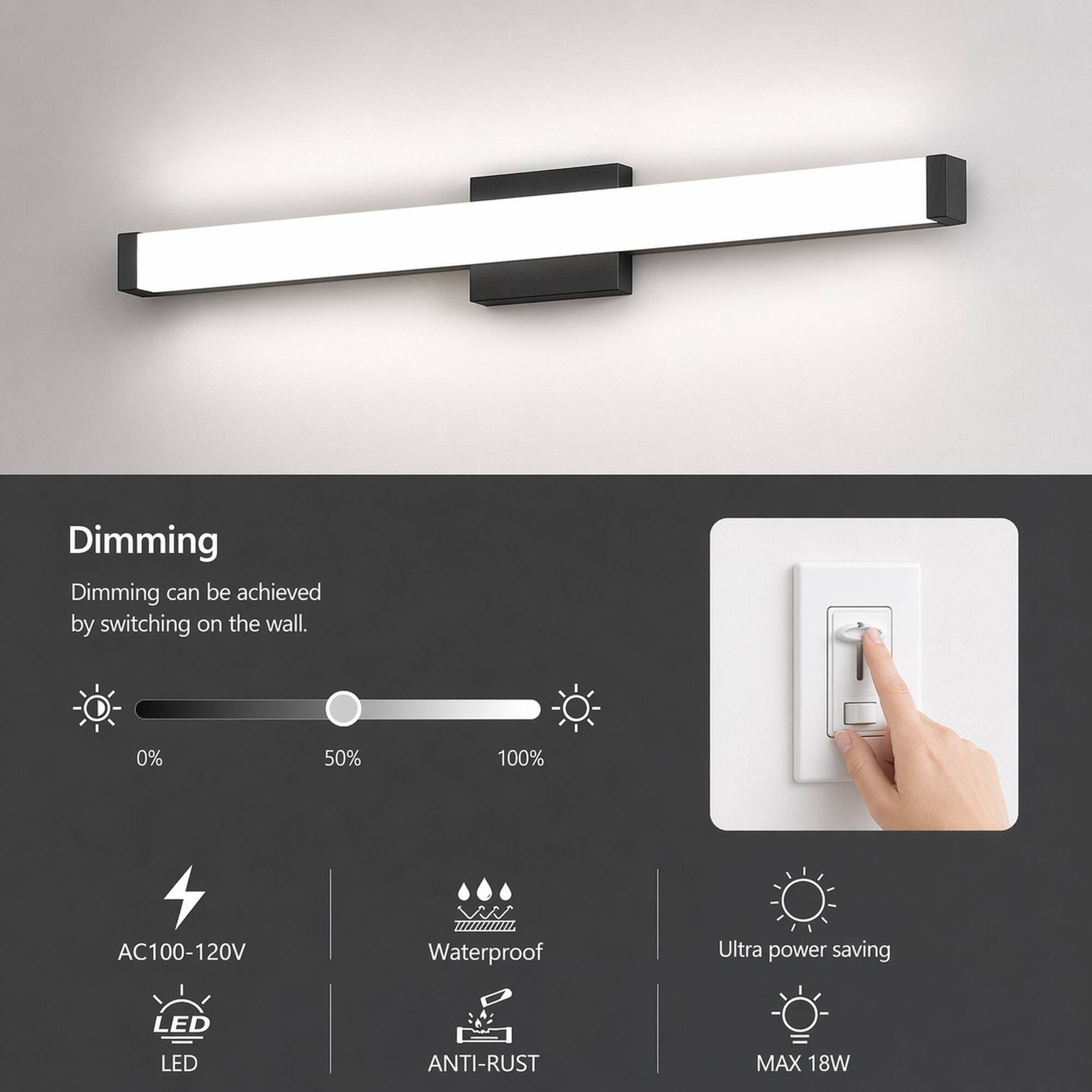 Dimming can be achieved by switching on the wall.

0% 50% 100%

AC100-120V

Waterproof

Ultra power saving

LED

ANTI-RUST

MAX 18W