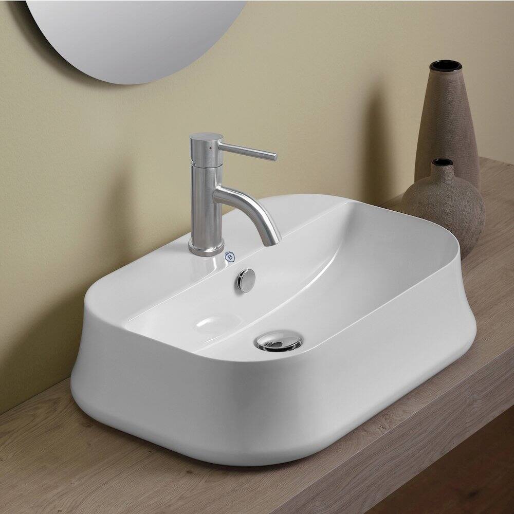 Angle. Whitehaus - Britannia Rectangular Above Mount Basin with Single Faucet Hole Drill - White.