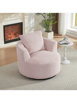 Front. Trinkets Crazed - Barrel Accent Chair, 360° Swivel Round Upholstered Sofa, Modern Swivel Side Armchair - Pink.