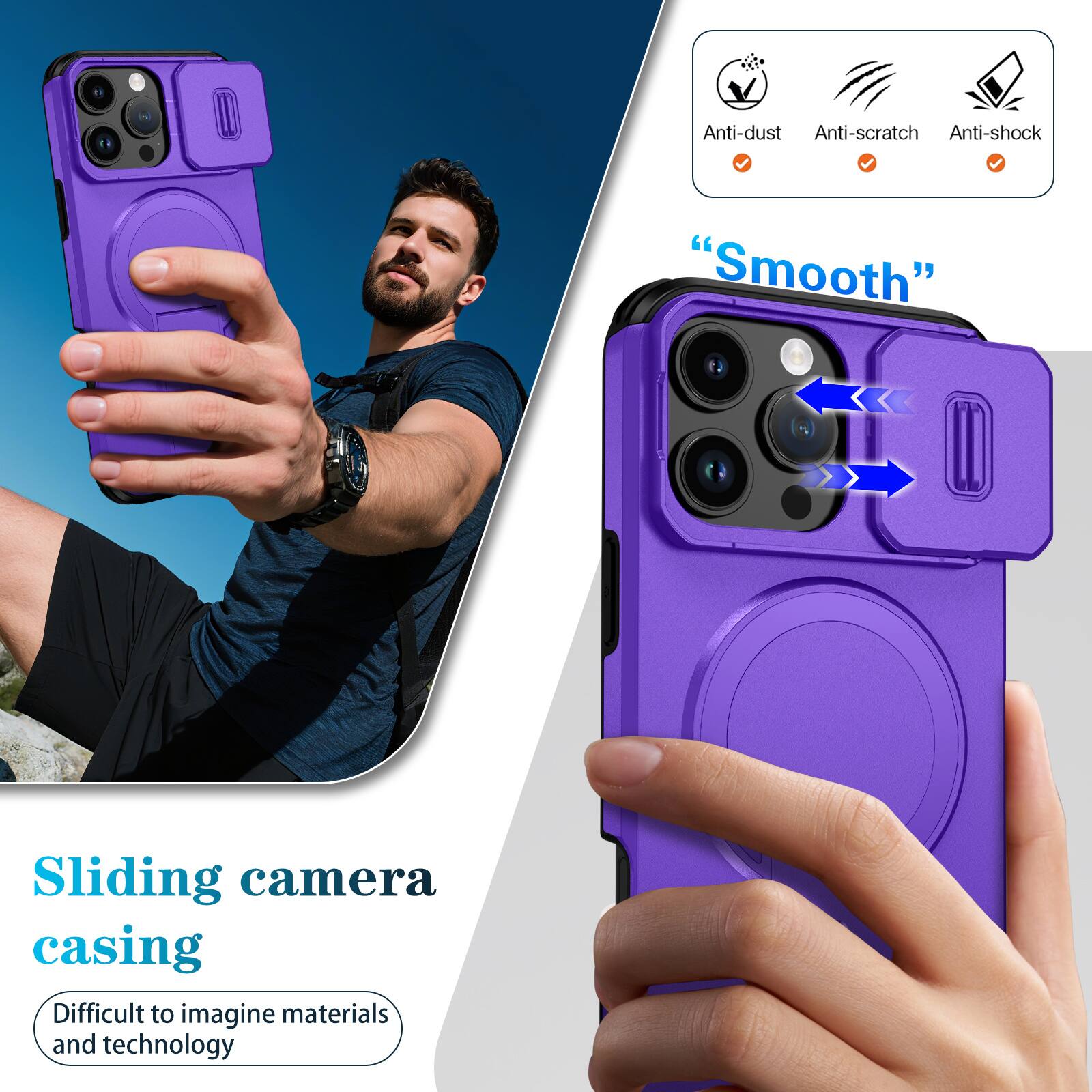 Anti-dust  
Anti-scratch  
Anti-shock  

"Smooth"  

Sliding camera casing  
Difficult to imagine materials and technology