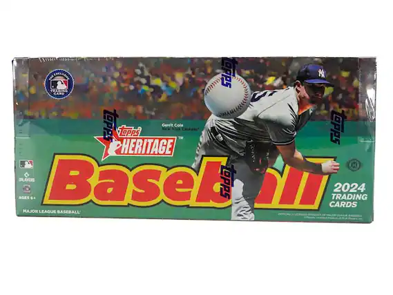 The Exclusive Topps Heritage Baseball Trading Cards 2024. New York Yankees. Gerrit Cole. Officially Licensed Product of Major League Baseball. Ages 6+.