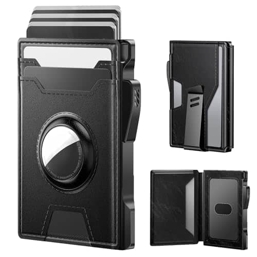 Vulpecula Spade - AirTag Wallet for Men: Pop Up Card Case, Secure Holder for Apple Air Tag, Premium Leather, Smart, RFID Blocking, Slim - Black
