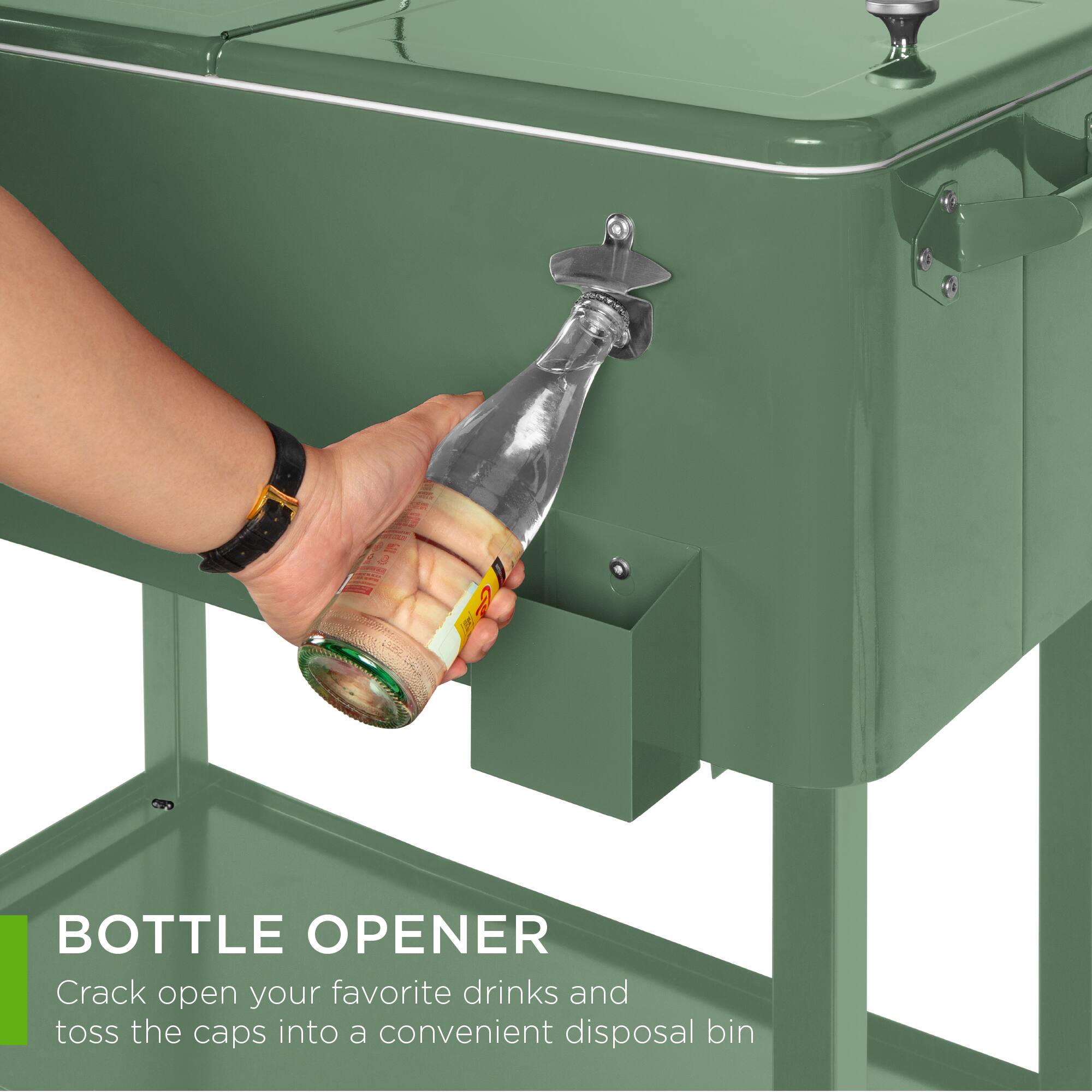 BOTTLE OPENER  
Crack open your favorite drinks and toss the caps into a convenient disposal bin
