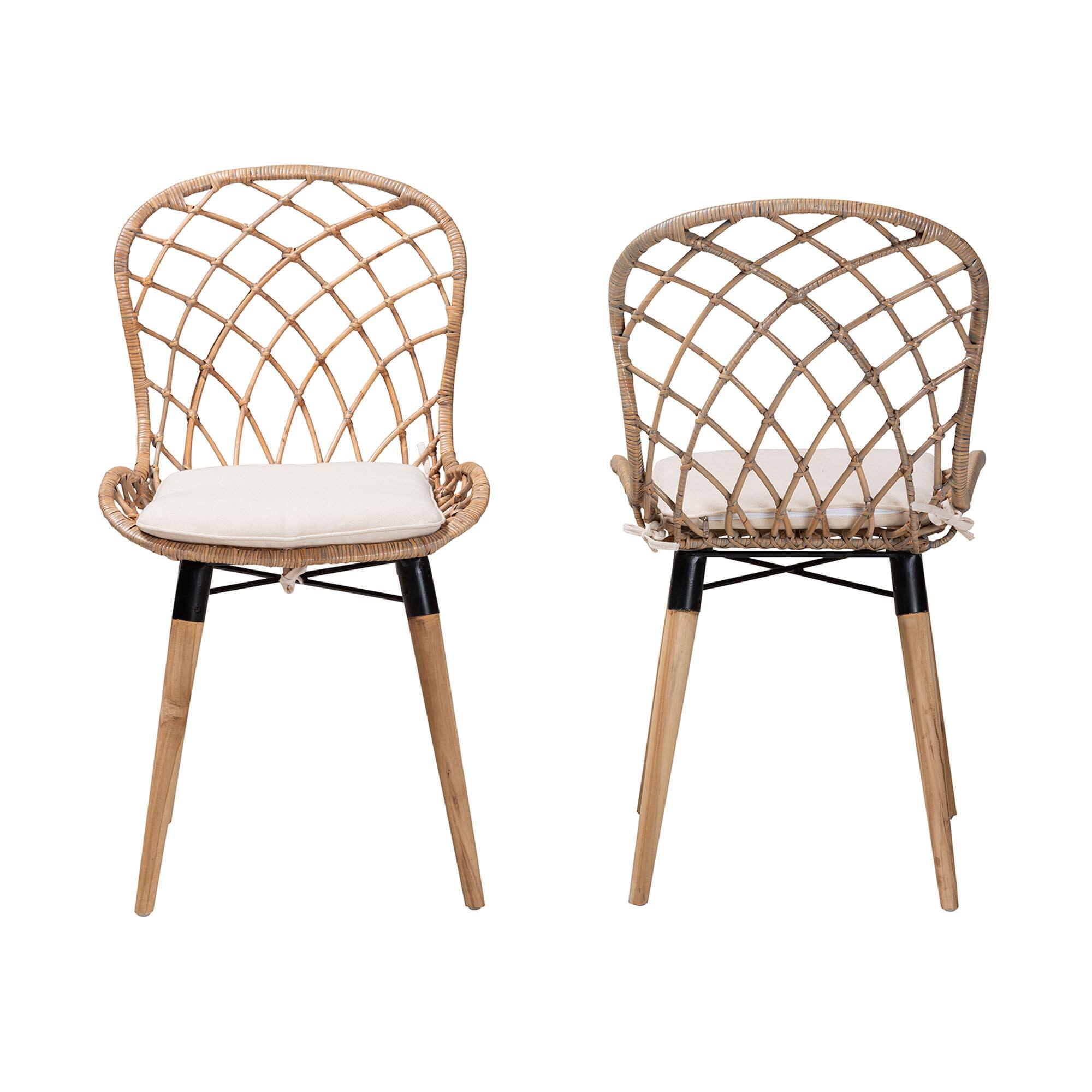 Angle. bali & pari - Sabelle Modern Bohemian Finished Teak Wood and Rattan 2-Piece Dining Chair Set - Greywash/Natural Brown/White.