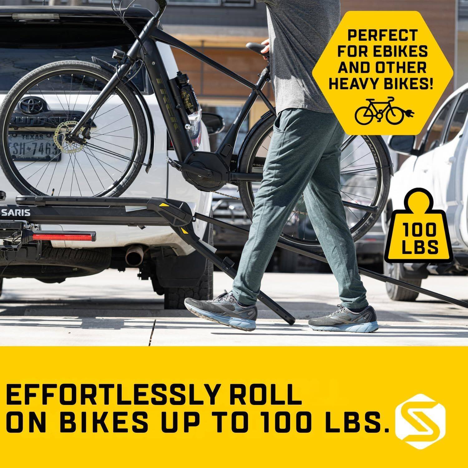 0 TEXAS SH-7463 SH LRCK PERFECT FOR EBIKES AND OTHER HEAVY BIKES! SARIS 100 LBS EFFORTLESSLY ROLL ON BIKES UP TO 100 LBS.