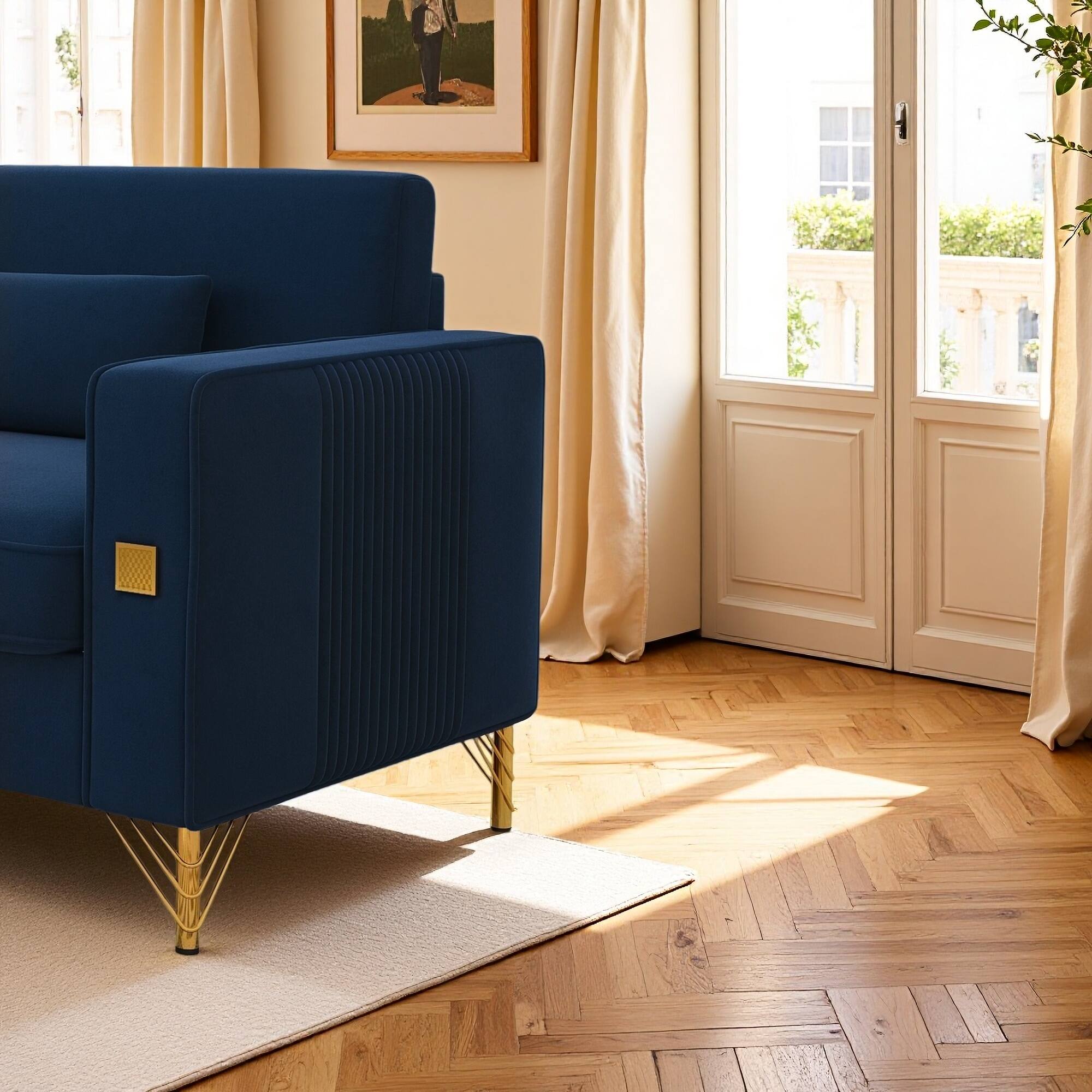 Back. Anysun - Luxury 3-Seat Velvet Sofa with Gold Accents - Plush Cushions for Living Room & Office. - Blue.