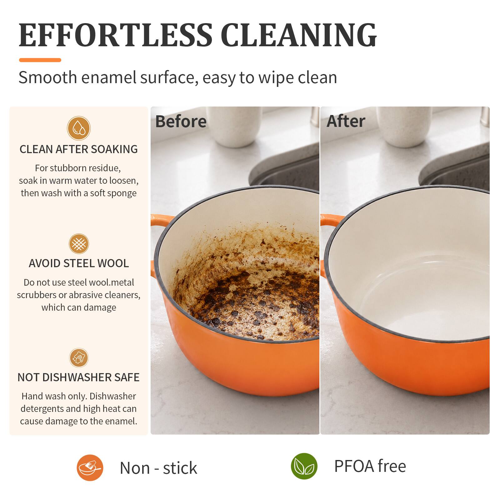EFFORTLESS CLEANING  
Smooth enamel surface, easy to wipe clean

Before  
After

CLEAN AFTER SOAKING  
For stubborn residue, soak in warm water to loosen, then wash with a soft sponge

AVOID STEEL WOOL  
Do not use steel wool, metal scrubbers or abrasive cleaners, which can damage

NOT DISHWASHER SAFE  
Hand wash only. Dishwasher detergents and high heat can cause damage to the enamel.

Non-stick  
PFOA free