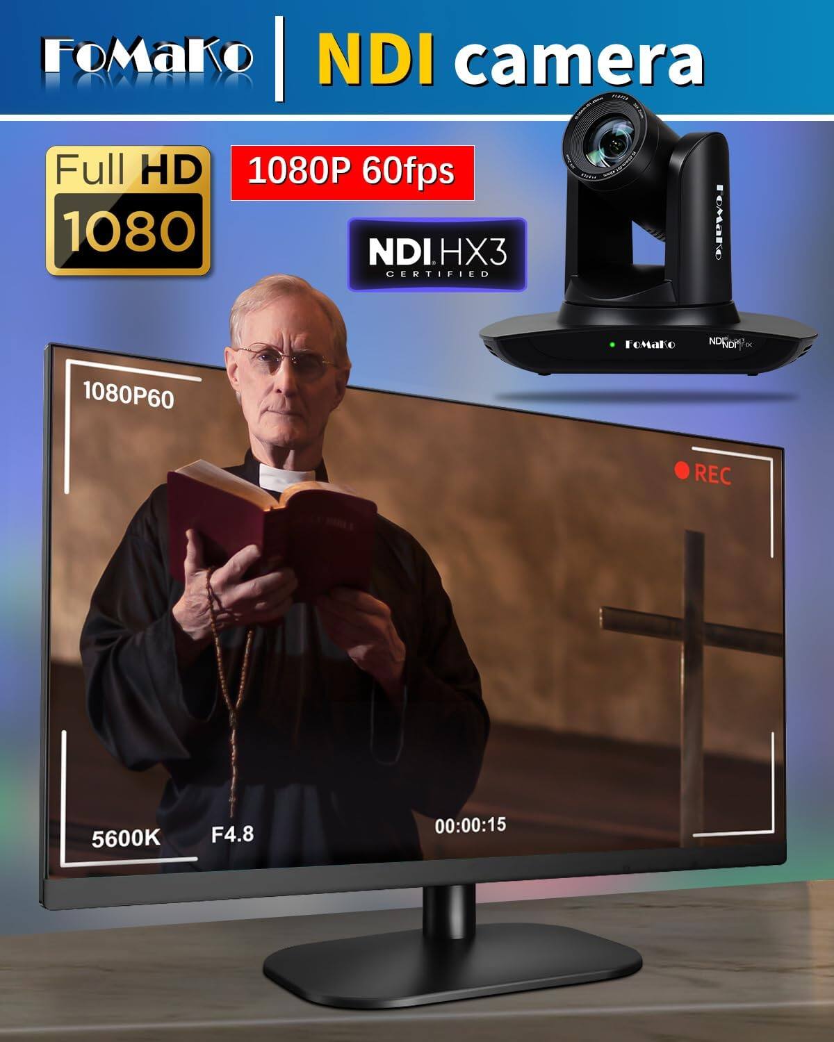 FoMaKo NDI camera PAWALZ  
Full HD 1080P 60fps 1080 NDI HX3 CERTIFIED  
romano  
FoMaKo  
NDWOR  
1080P60  
REC  
5600K  
F4.8  
00:00:15