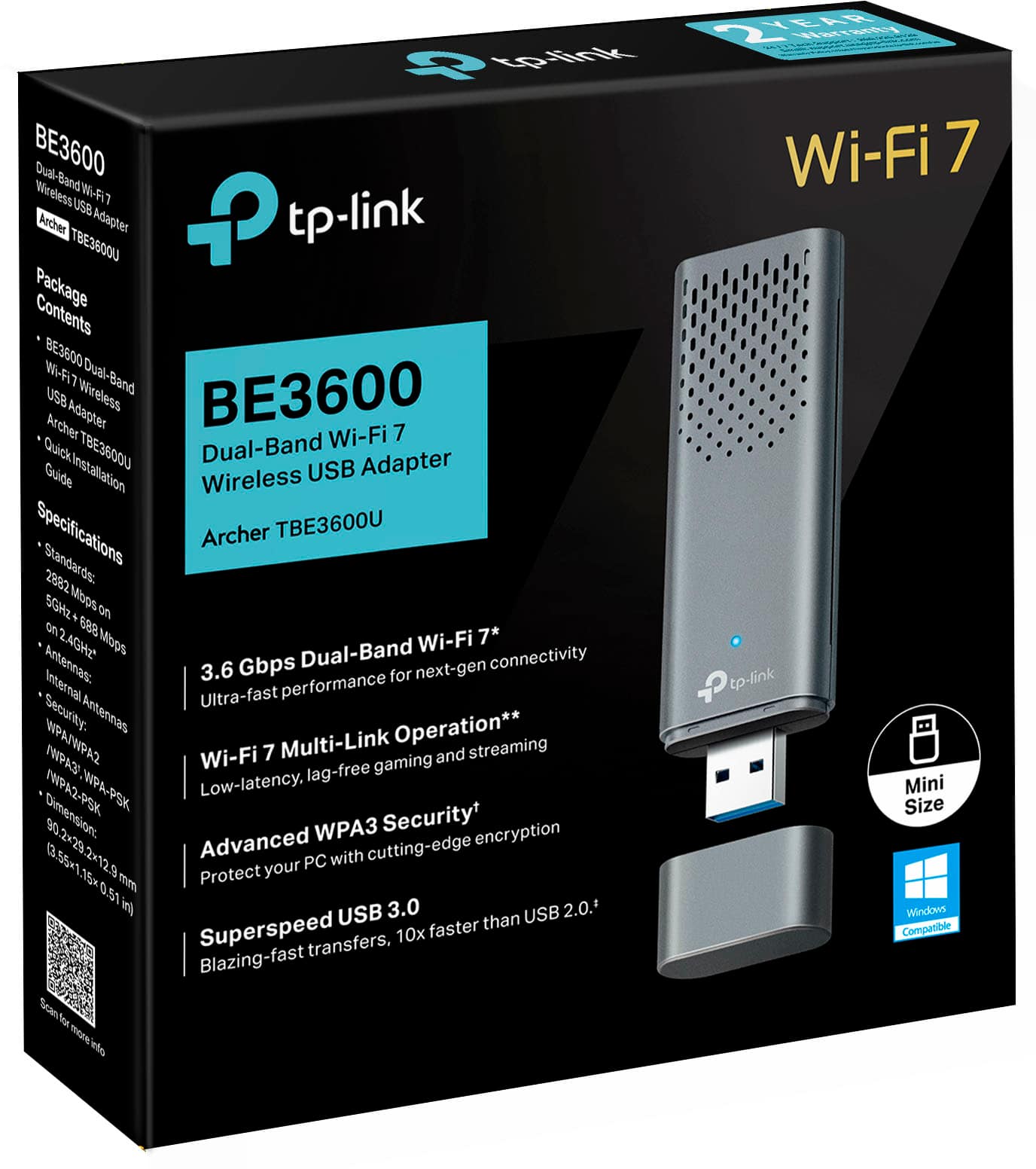The box contains a BE3600 Wi-Fi 7 Dual-Band Wireless USB Adapter, which is a product by TP-Link. The adapter is designed for use with Windows operating systems and supports both USB 3.0 and USB 2.0. It features a compact design and comes with a USB cable for easy installation. The package also includes a user guide and a quick start guide for the adapter. The device is compatible with both 2.4GHz and 5GHz Wi-Fi networks, providing fast and secure wireless connectivity.