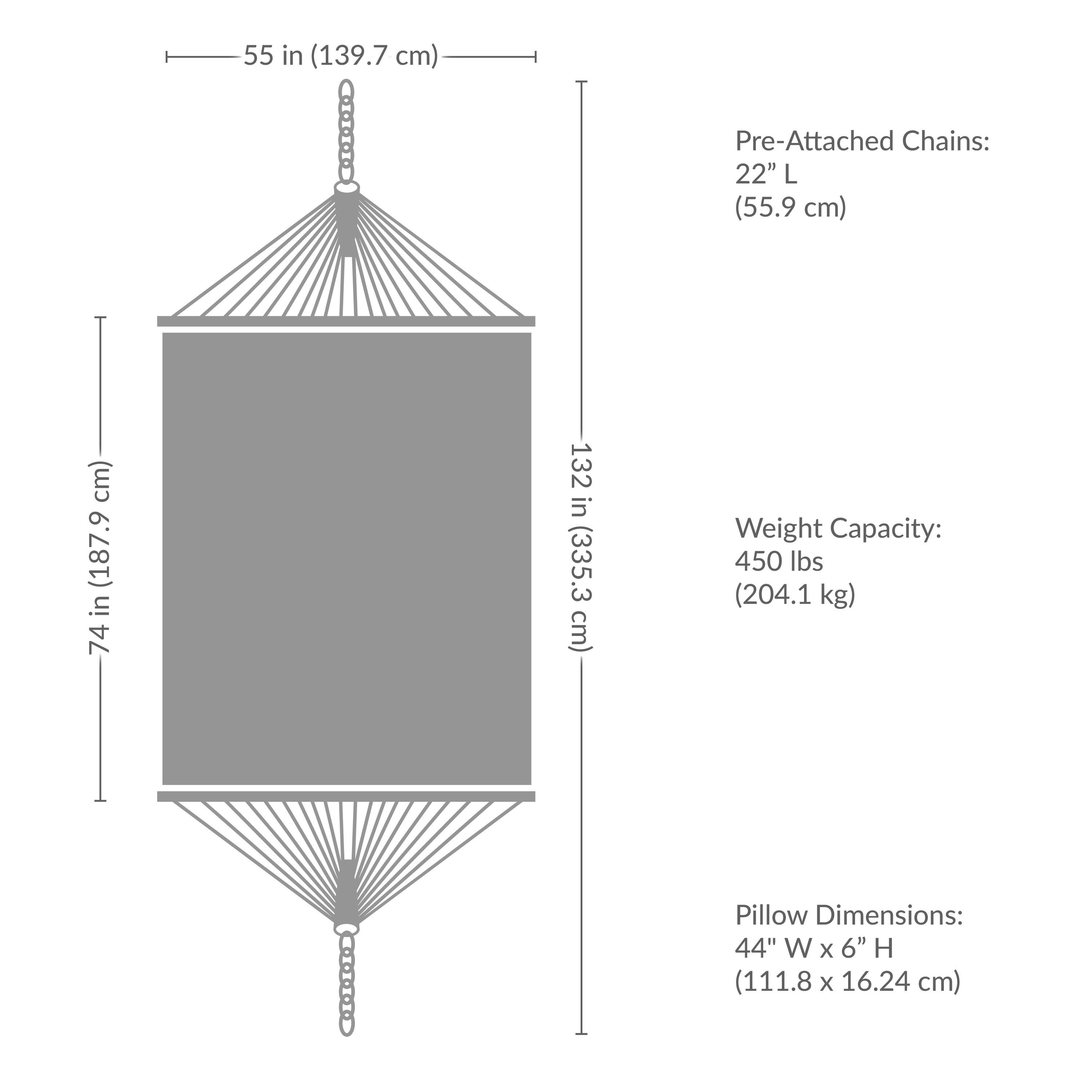 - **Height:** 74 in (187.9 cm)
- **Width:** 55 in (139.7 cm)
- **Depth:** 132 in (335.3 cm)
- **Pre-Attached Chains:** 22" L (55.9 cm)
- **Weight Capacity:** 450 lbs (204.1 kg)
- **Pillow Dimensions:** 44" W x 6" H (111.8 x 16.24 cm)