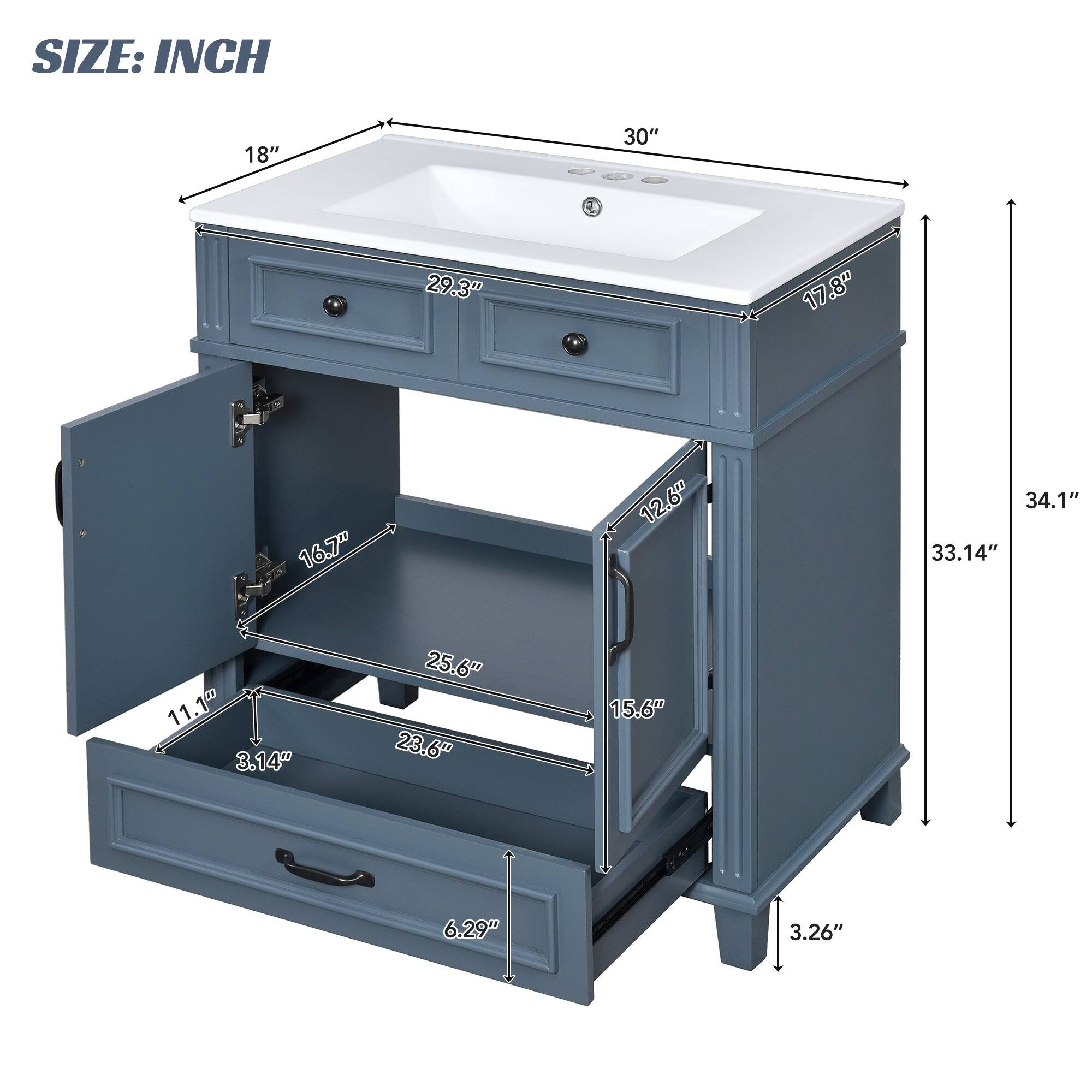 SIZE: INCH  
18" 30" 29.3" 17.8" 17" 16.7" 12.6" 34.1" 33.14" 11.1" 3.14" 25.6" 23.6" 15.6" 6.29" 3.26"