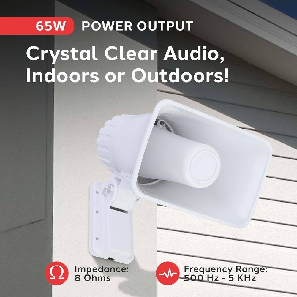 65W POWER OUTPUT  
Crystal Clear Audio, Indoors or Outdoors!  

Impedance: 8 Ohms  
Frequency Range: 500 Hz - 5 KHz