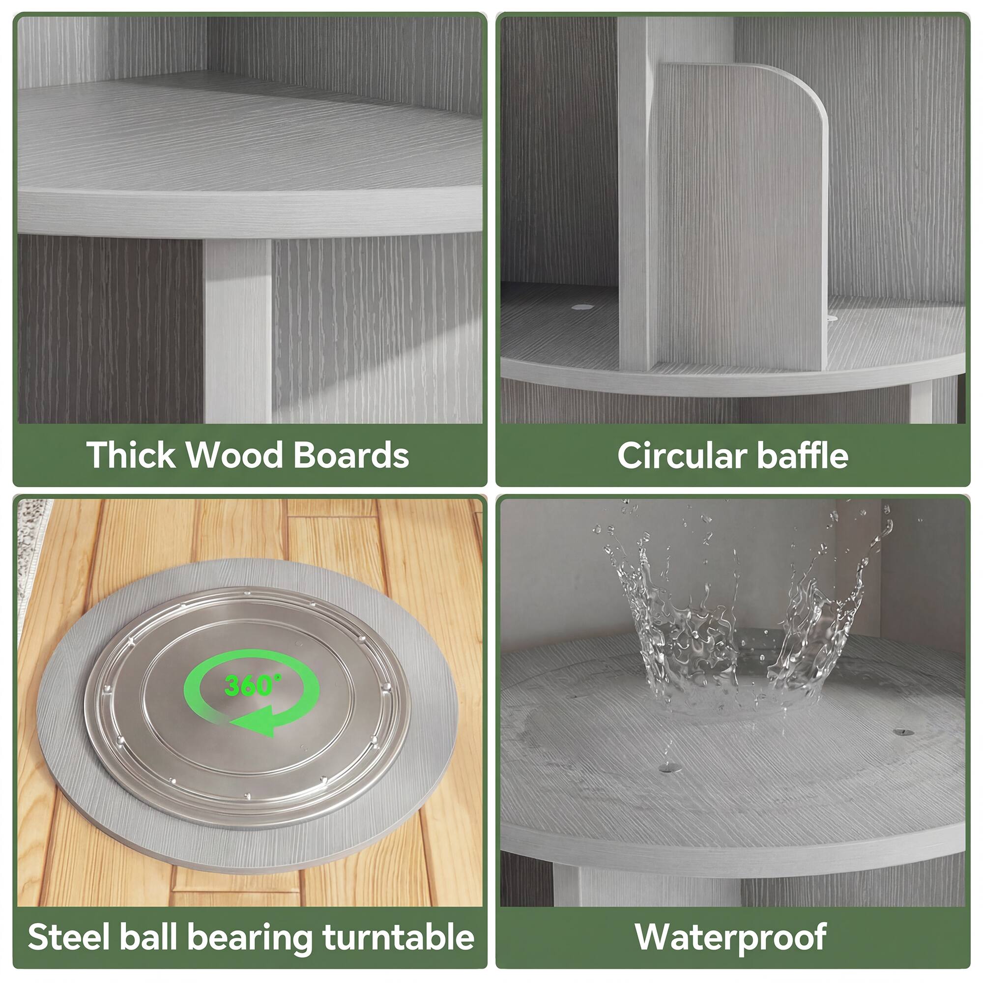 Thick Wood Boards  
Circular baffle  
360° Steel ball bearing turntable  
Waterproof