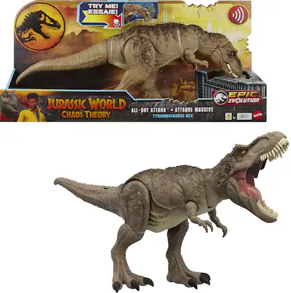 The text on the image can be grouped and corrected as follows:
- **TRY ME! ESSAIE!**
- **NETFLIX JURASSIC WORLD CHAOS THEORY**
- **ALL-OUT ATTACK - ATTAQUE MASSIVE**
- **TYRANNOSAURUS REX**
- **EPIC EVOLUTION**
- **MATTEL**
This text is found on the packaging of the toy dinosaur.