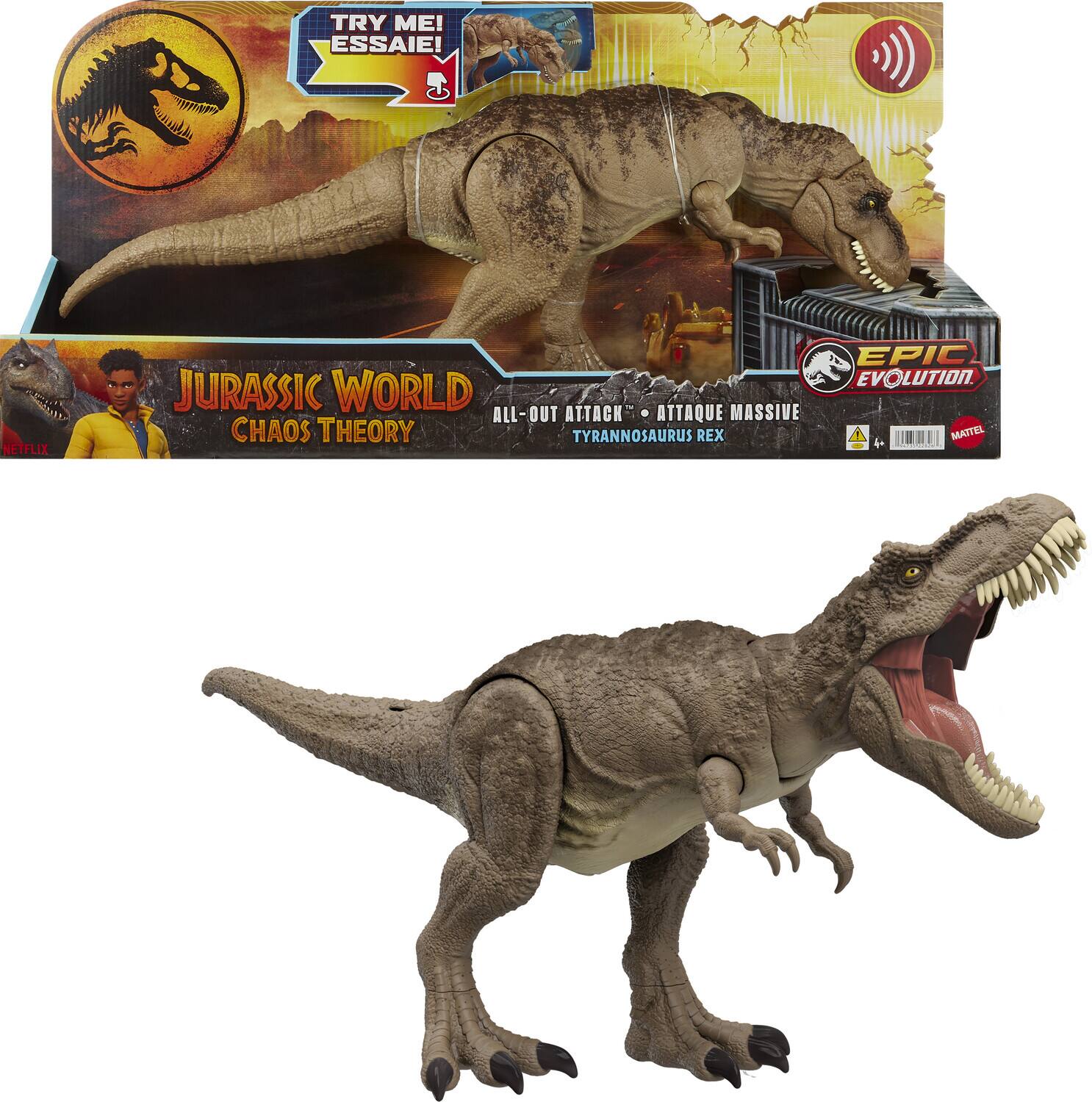 The text on the image can be grouped and corrected as follows:

- **TRY ME! ESSAIE!**
- **NETFLIX JURASSIC WORLD CHAOS THEORY**
- **ALL-OUT ATTACK - ATTAQUE MASSIVE**
- **TYRANNOSAURUS REX**
- **EPIC EVOLUTION**
- **MATTEL**

This text is found on the packaging of the toy dinosaur.