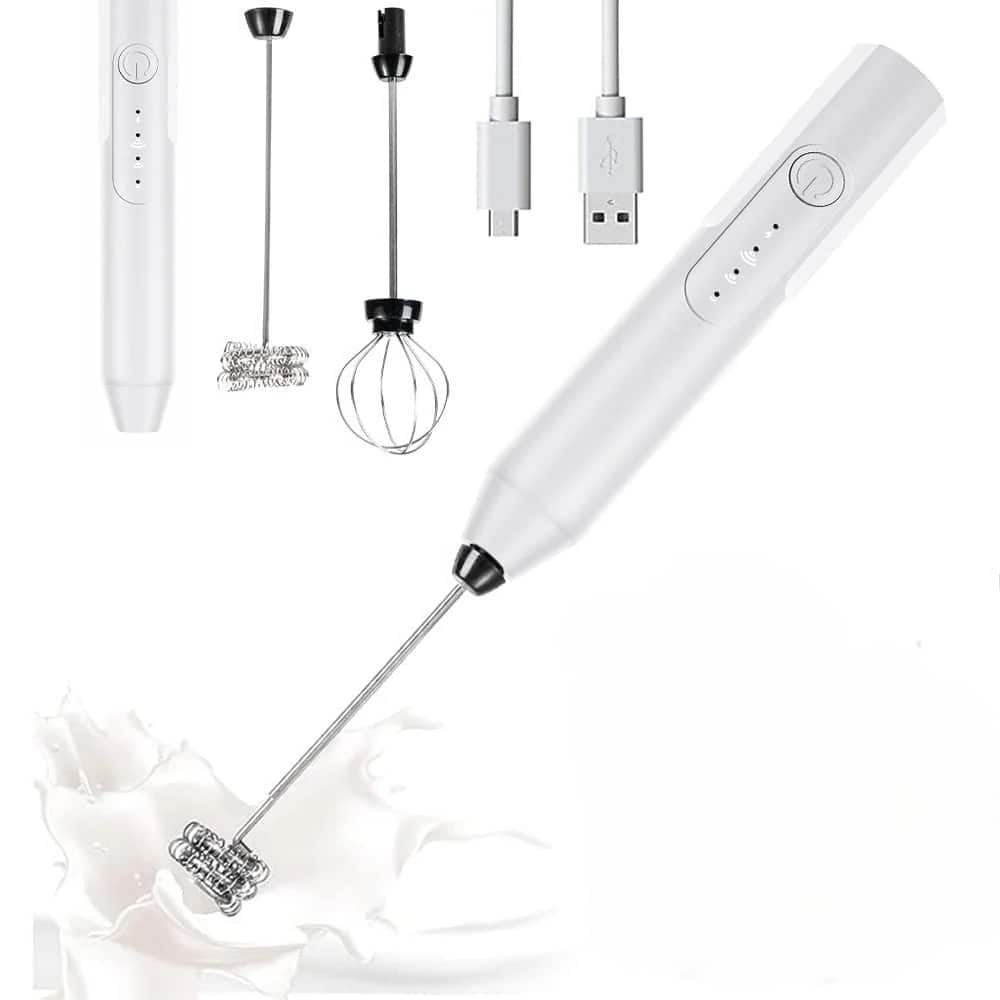 MOVSSOU - Handheld Milk & Coffee Frother Electric Mini Blender Stainless Steel Drink Mixer - White