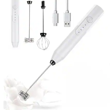 Front. MOVSSOU - Handheld Milk & Coffee Frother Electric Mini Blender Stainless Steel Drink Mixer - white.