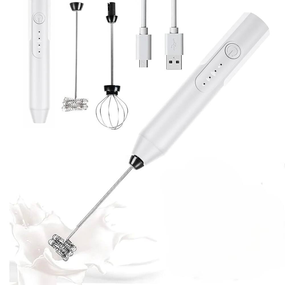 MOVSSOU - Handheld Milk & Coffee Frother Electric Mini Blender Stainless Steel Drink Mixer - White