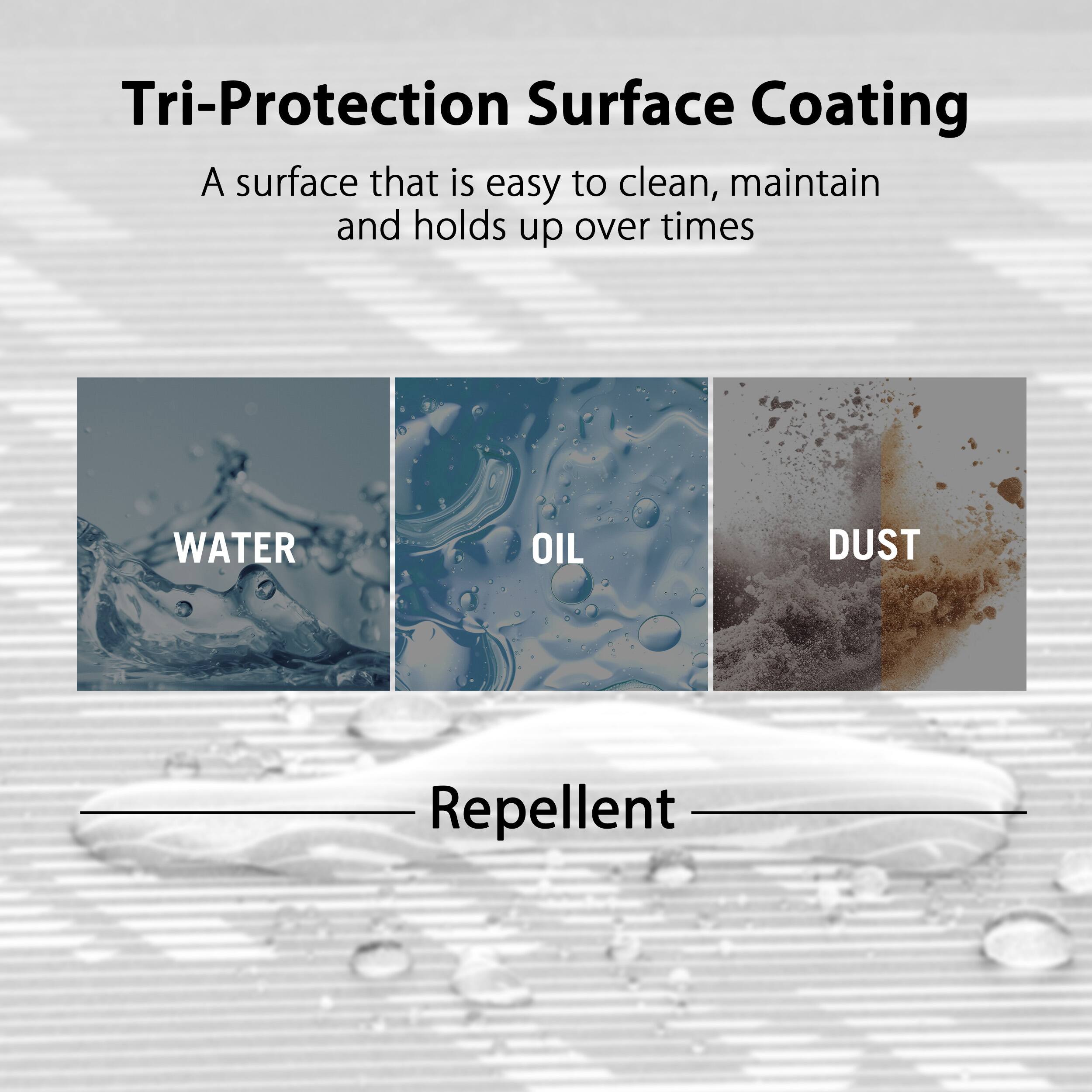 Tri-Protection Surface Coating: A surface that is easy to clean, maintain, and holds up over time. It repels water, oil, and dust.