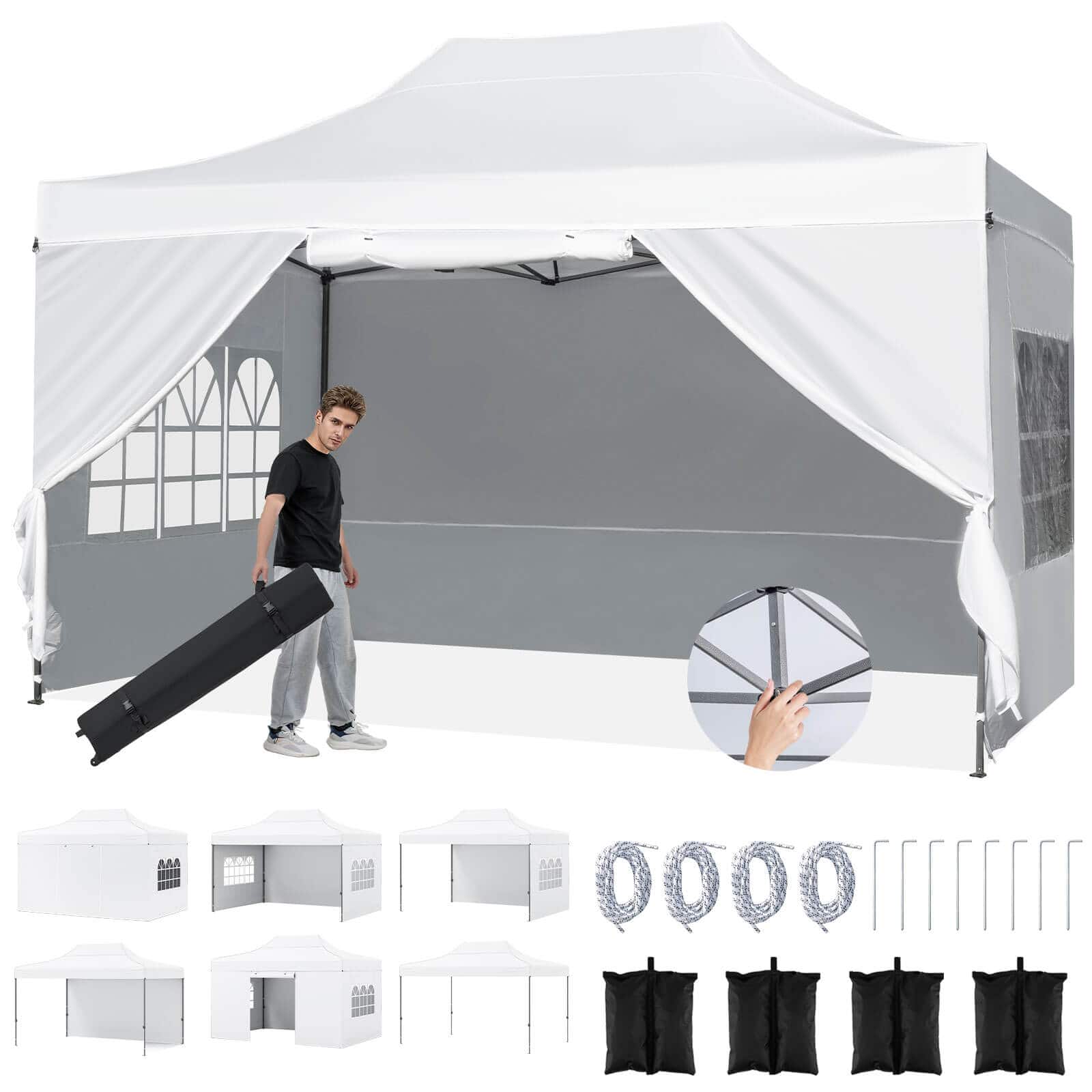 Costway - 10 X 14 FT Pop up Canopy Tent with 4 Sidewalls, Wheeled Bag, 4 Sandbags, 8 Stakes - White
