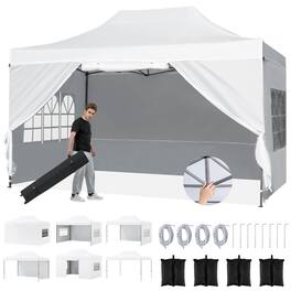 Costway - 10 X 14 FT Pop up Canopy Tent with 4 Sidewalls, Wheeled Bag, 4 Sandbags, 8 Stakes - White